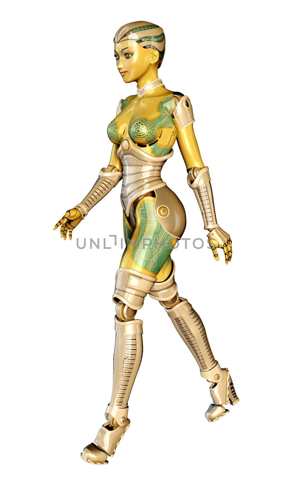 Computer-generated 3D illustration with a female robot isolated on white background