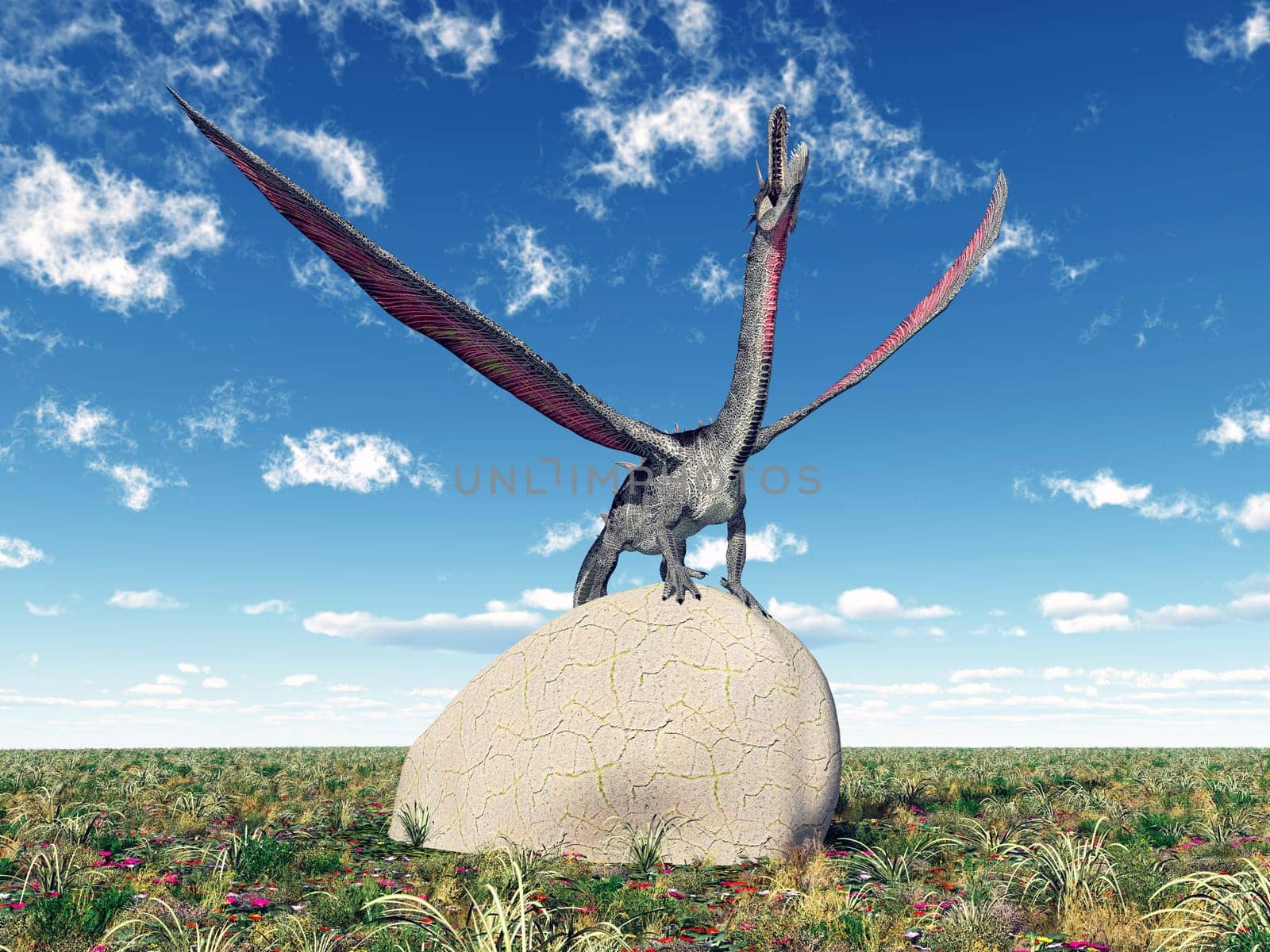 Computer-generated 3D illustration with a dragon in a landscape