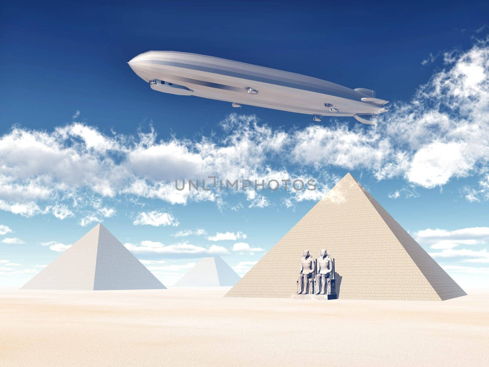 Computer-generated 3D illustration with Egyptian pyramids and statues
