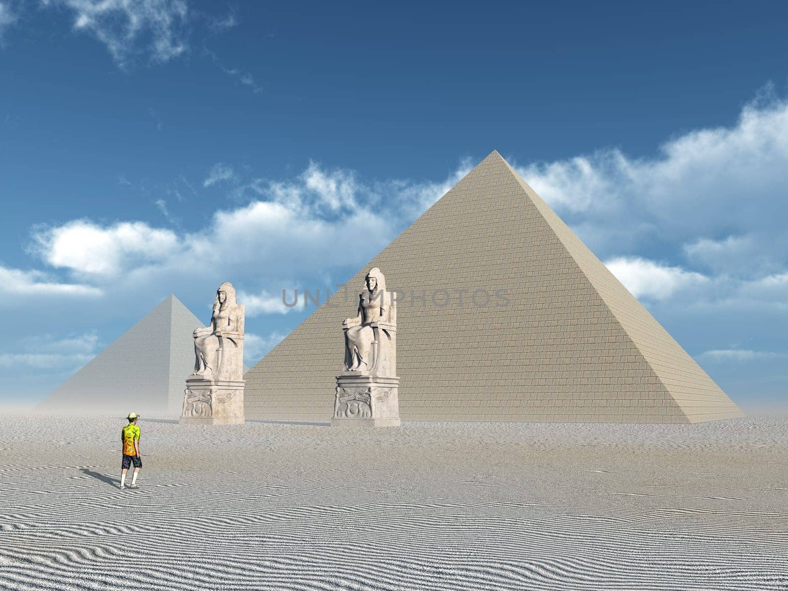 Computer-generated 3D illustration with Egyptian pyramids and statues