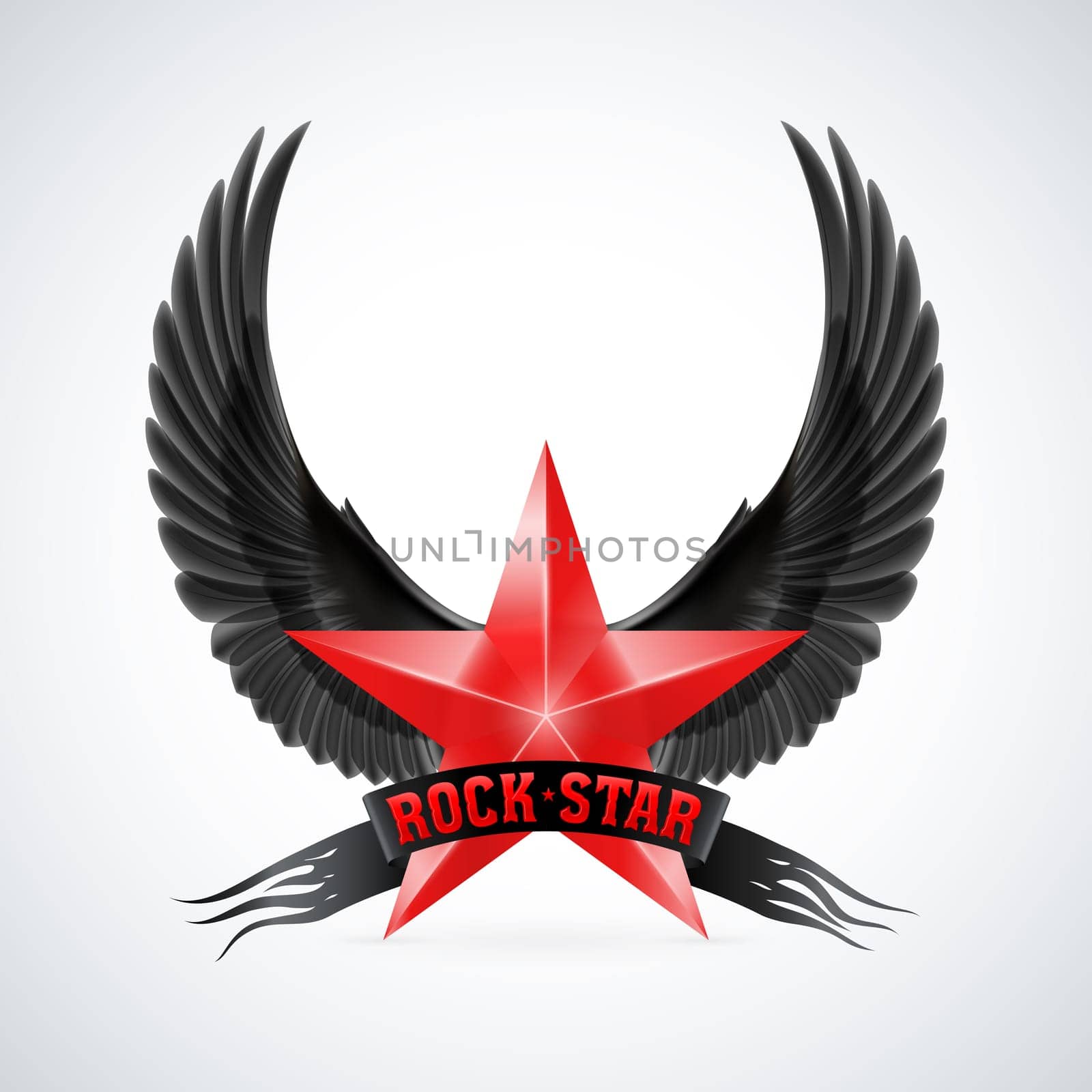 Red star with Rock Star banner and black wings. Illustration on white background