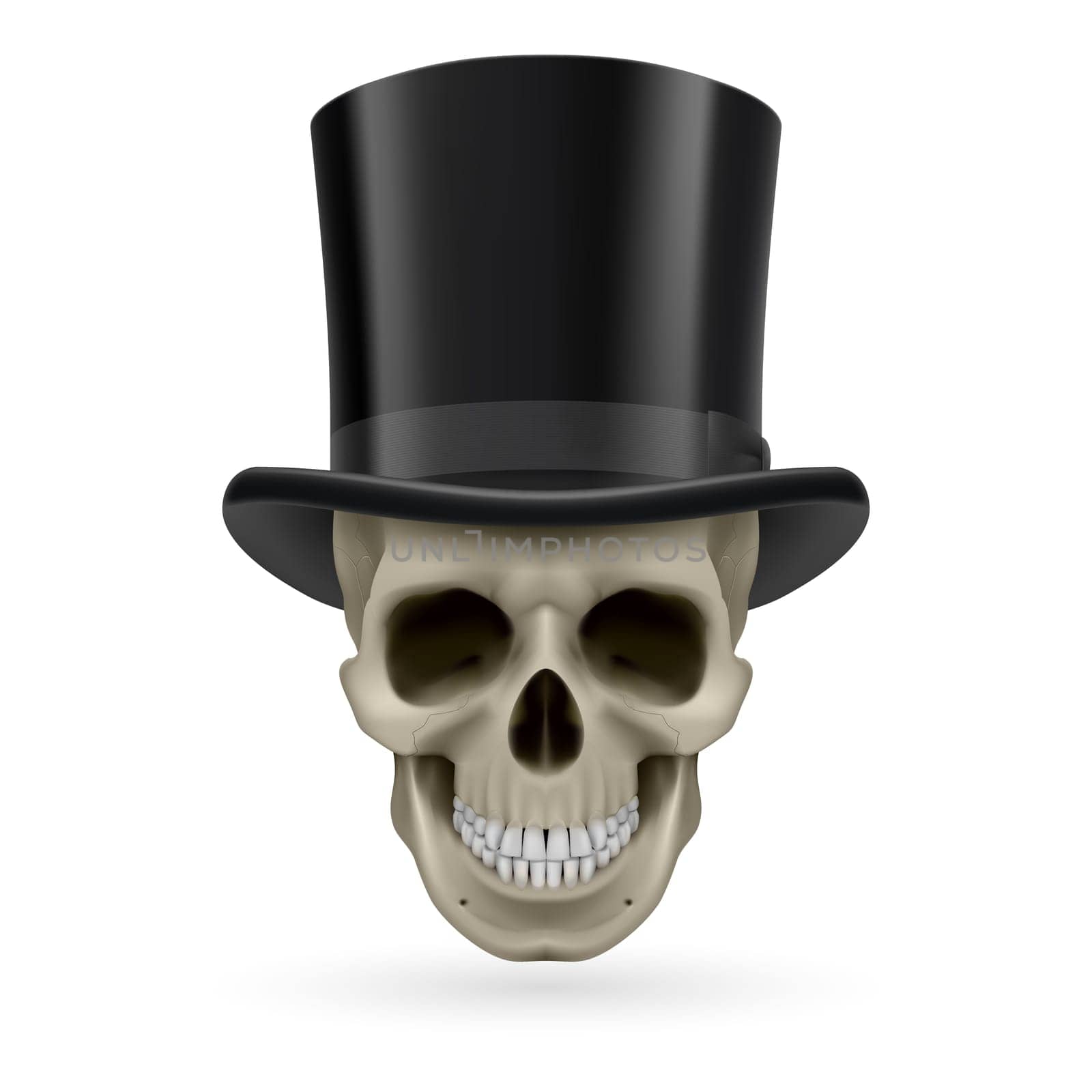 Human skull wearing a black top hat.