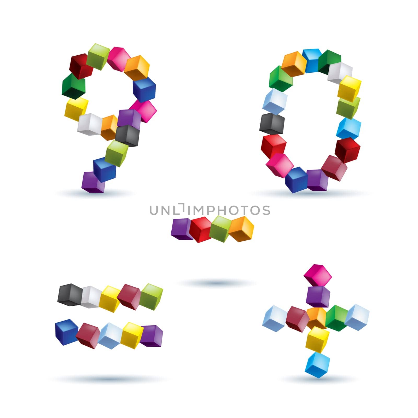 Figures 9 and 0, equal, plus and minus signs made of colored blocks.