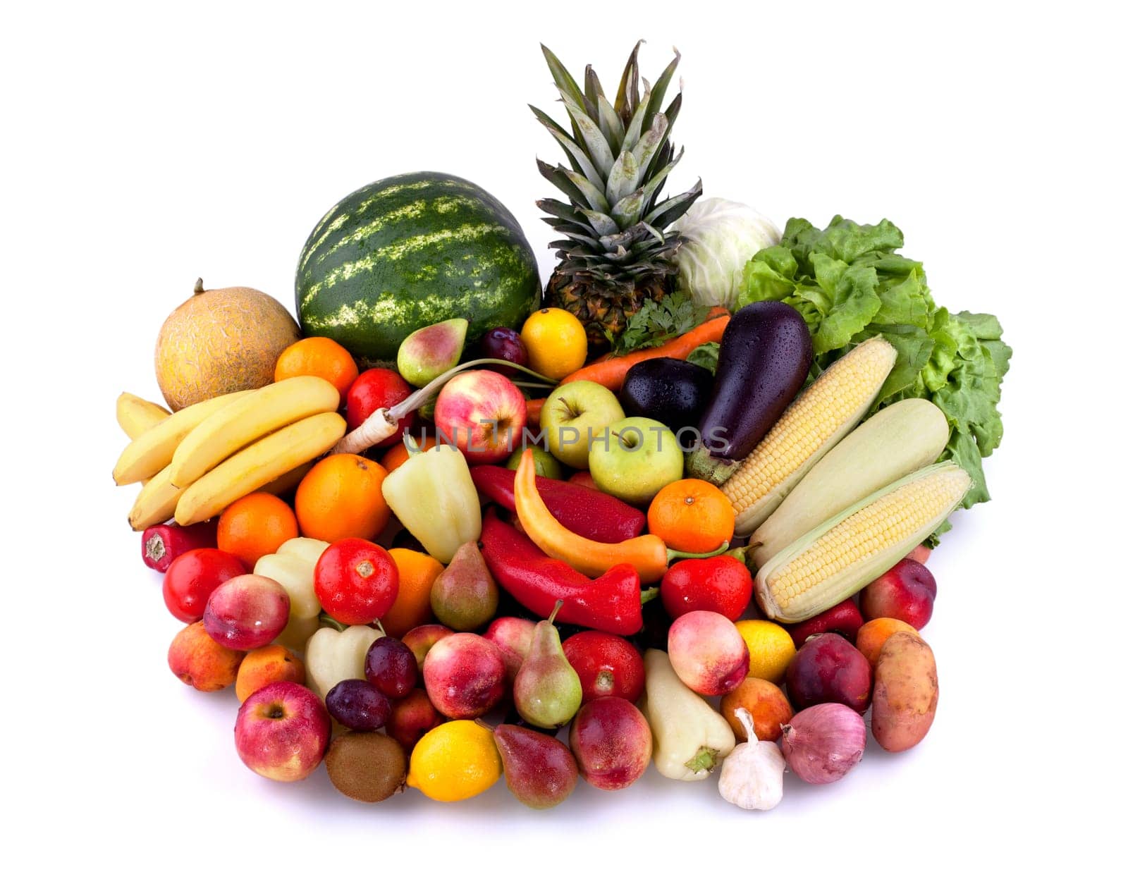 Collection of fruits and vegetables isolated on white background.