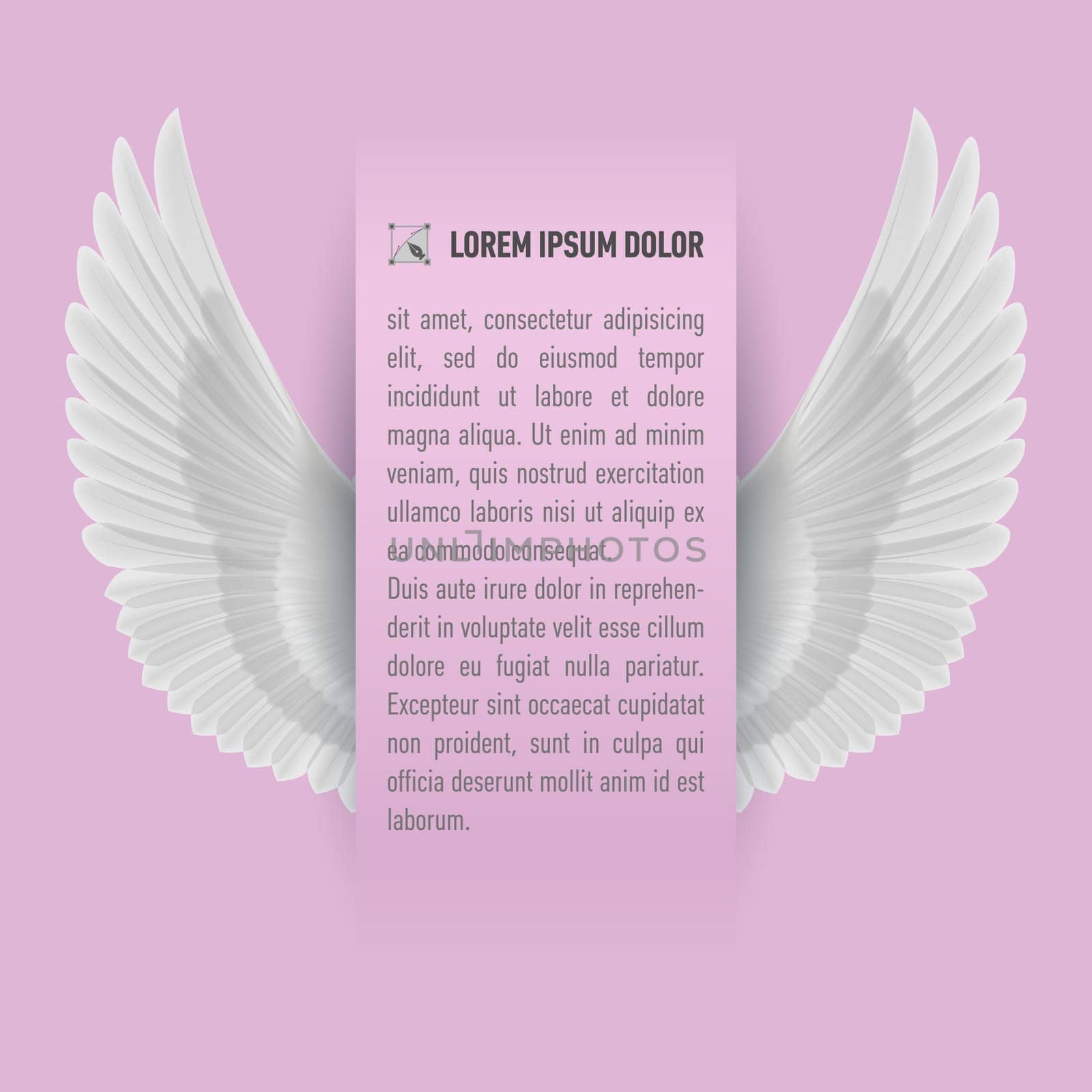 Sheet of paper with text with white wings up on both sides