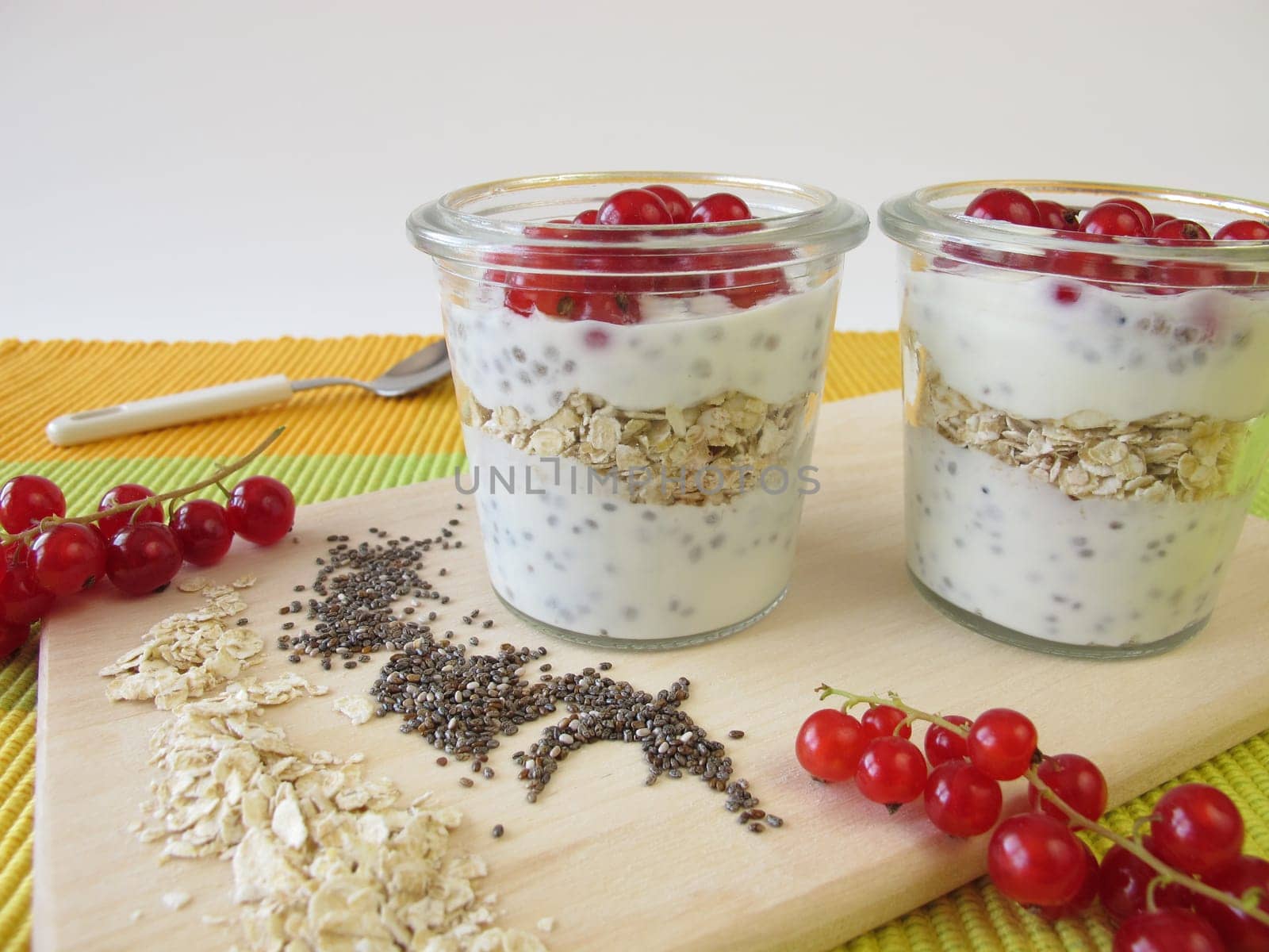 Breakfast with yoghurt,chia seeds,oatmeal and berries