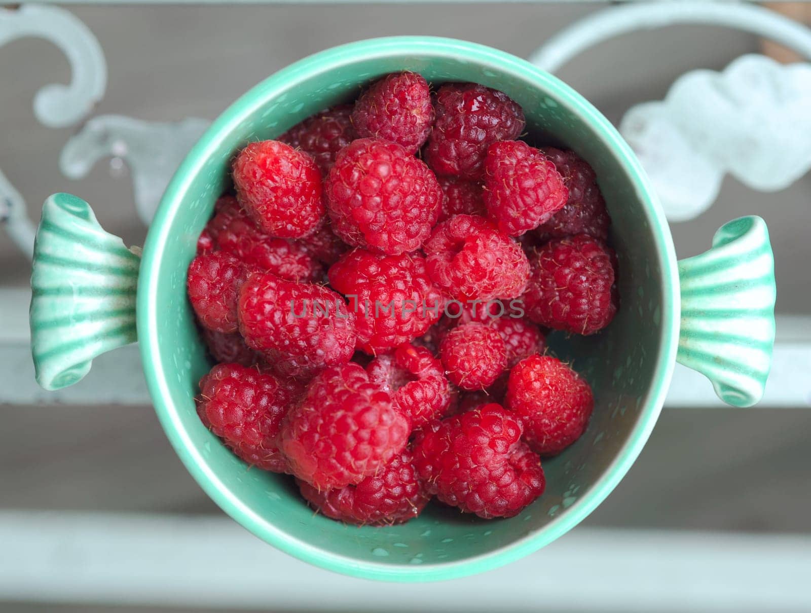 Just picked berries of raspberry in ancient cup lost in garden in the rain