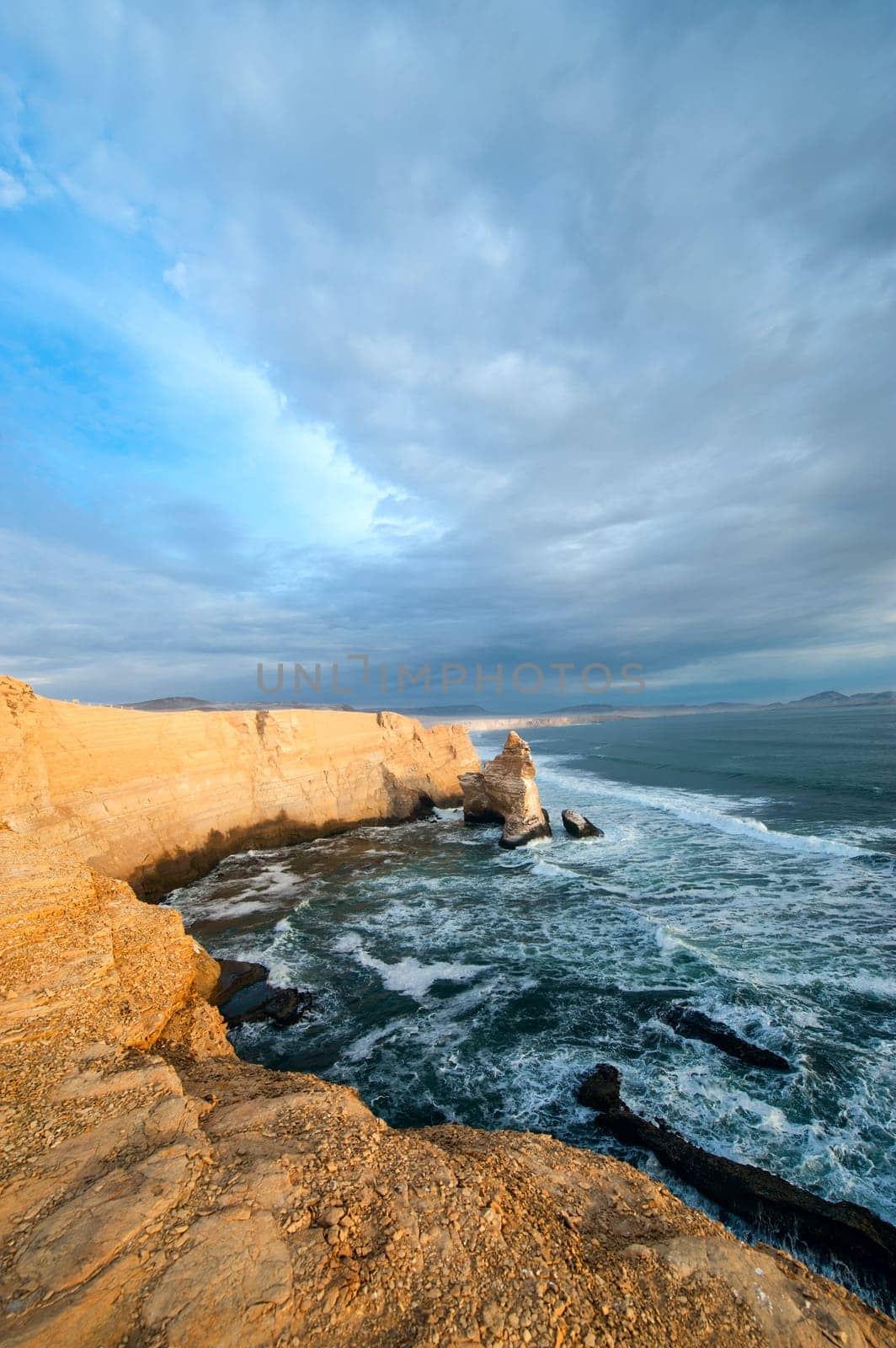 Cathedral Rock Formation, Peruvian Coastline, Rock formations at the coast, Paracas National Reserve, Paracas, Ica Region, Peru.