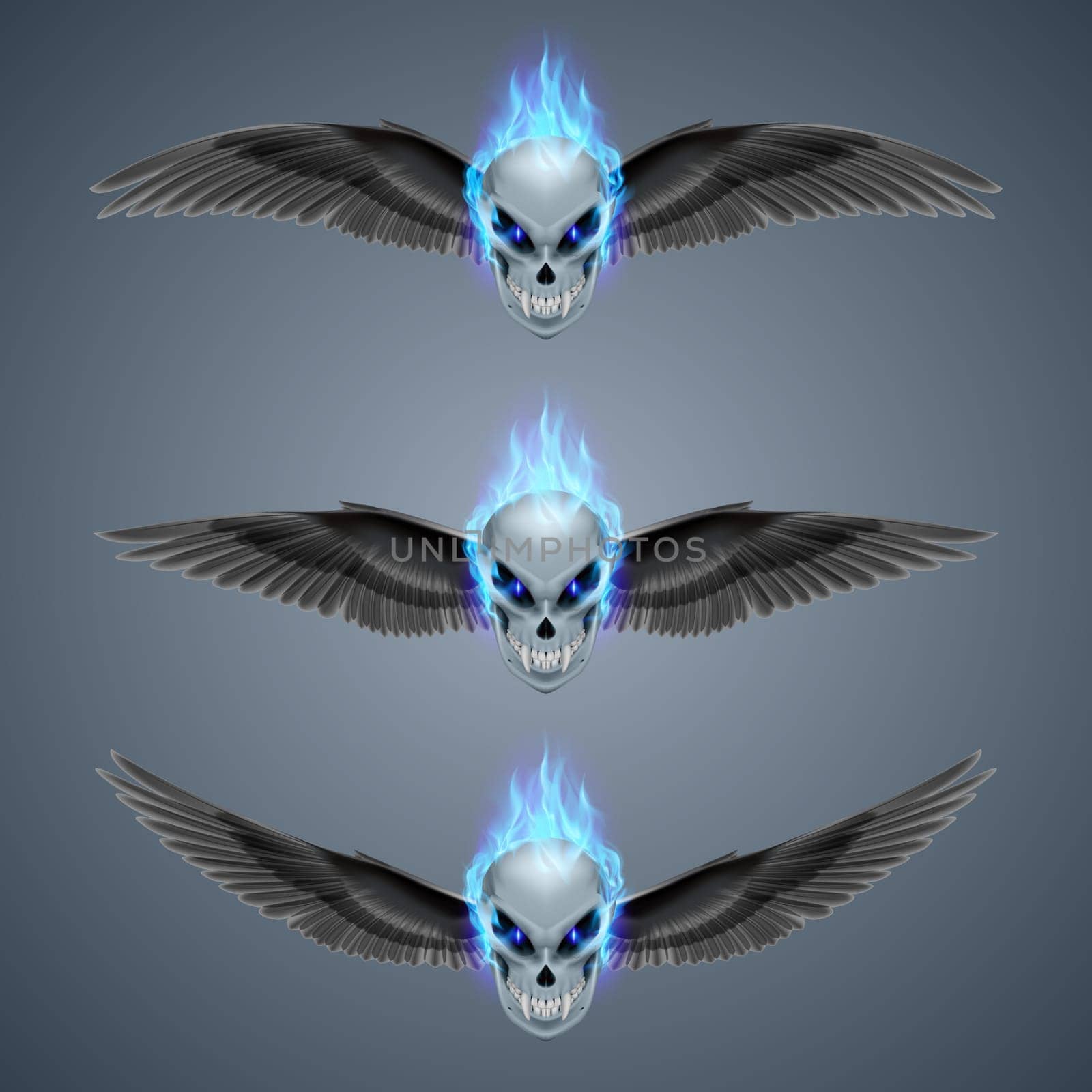 Set of mutant skulls with fangs, blue flame and black wings