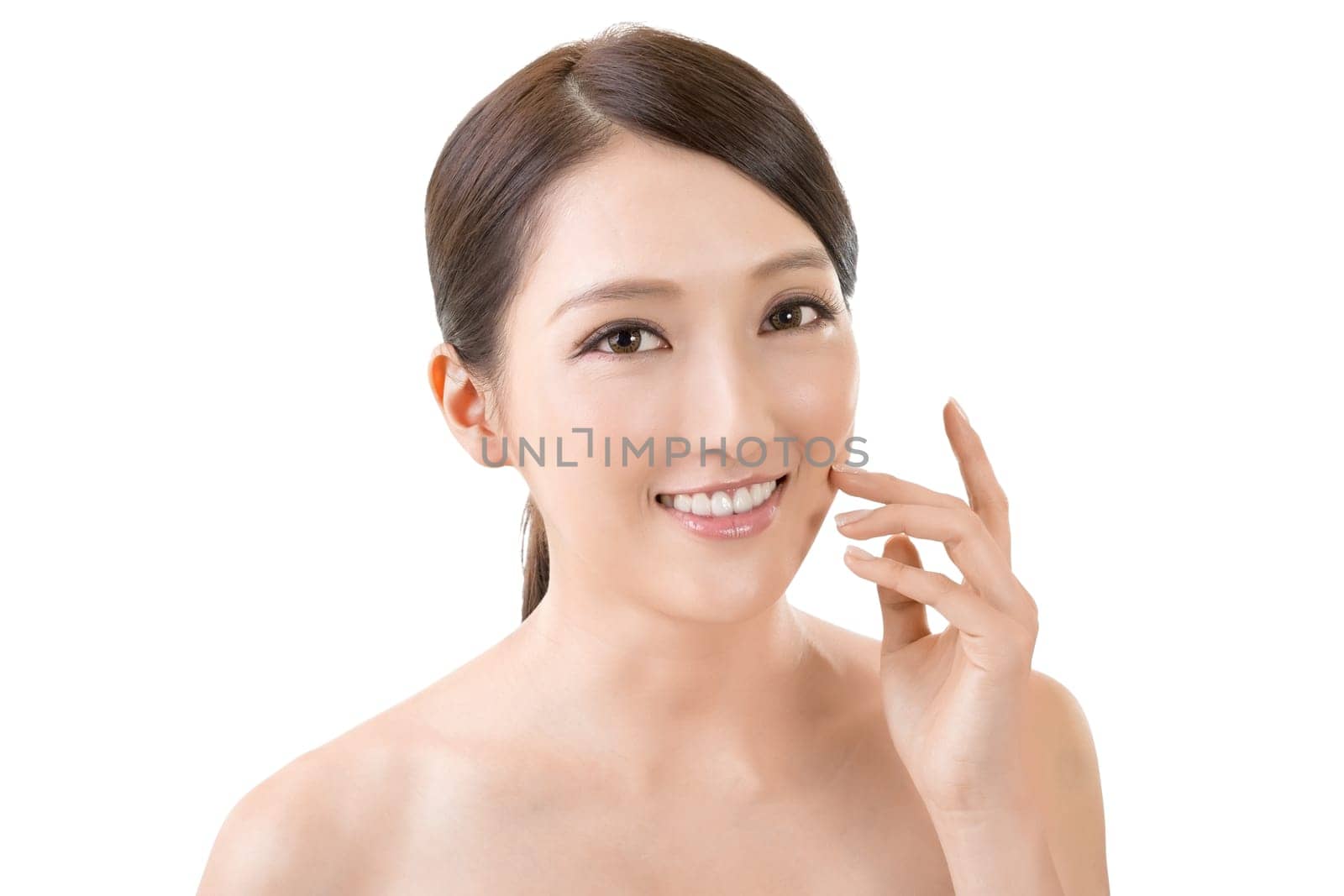 Asian beauty face closeup portrait with clean and fresh elegant lady. Studio shot.