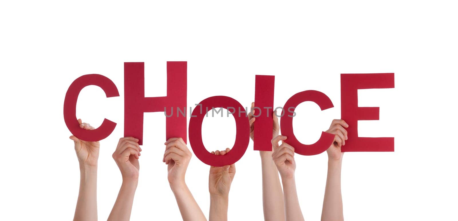 Many Hands Holding the Red Word Choice, Isolated