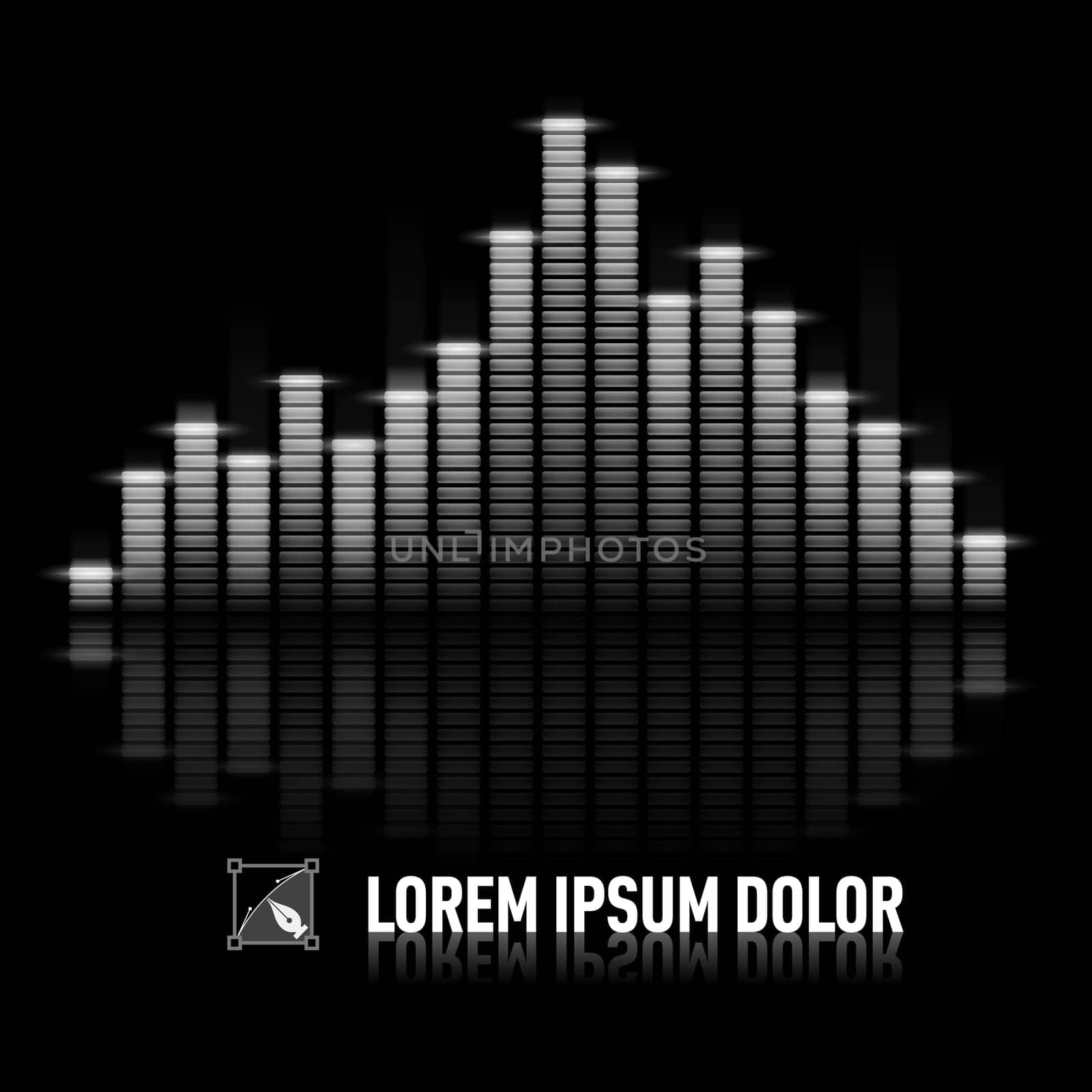 Black-and-white digital equalizer with reflection over dark background