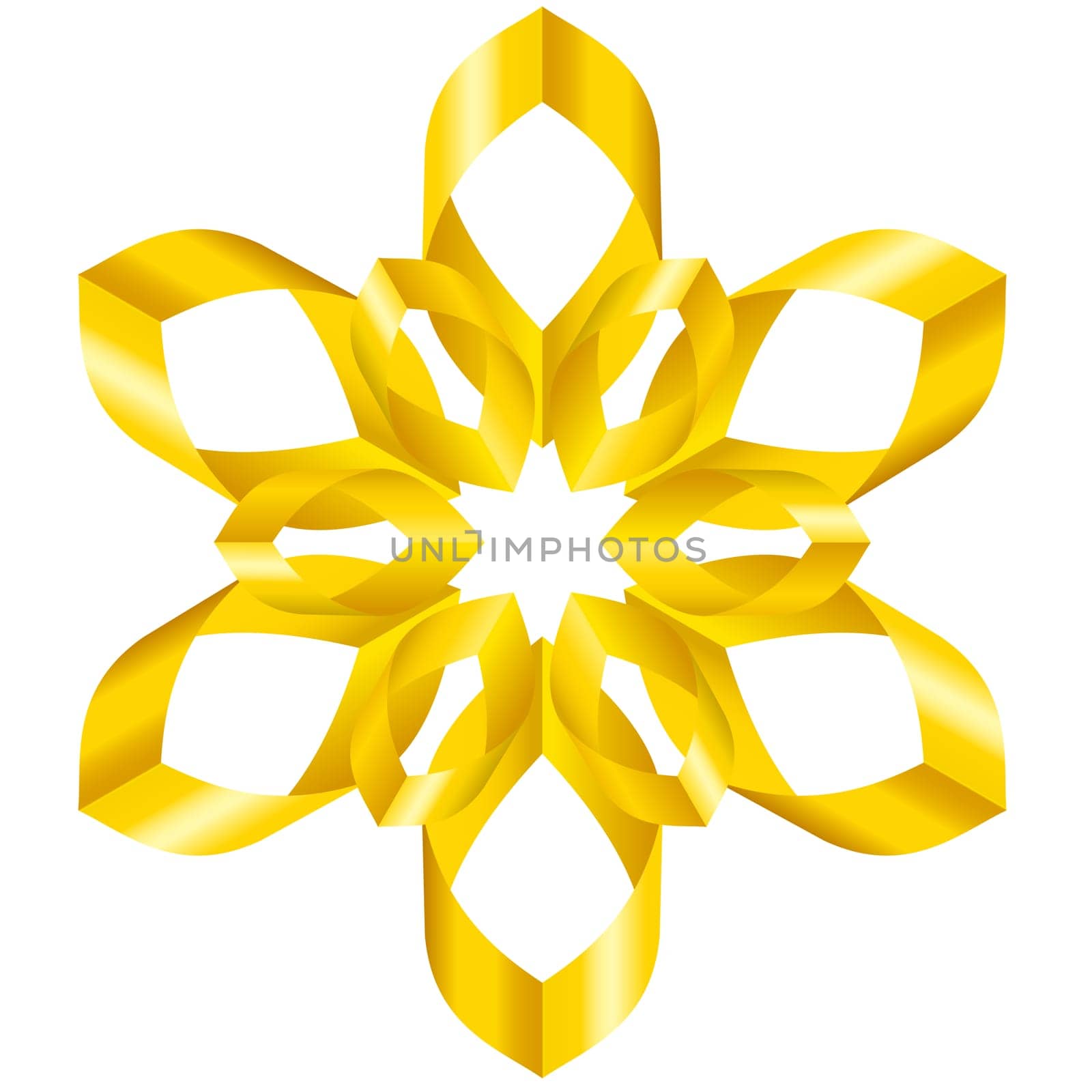 Beautiful yellow flower with six petals of swirled ribbons on white background