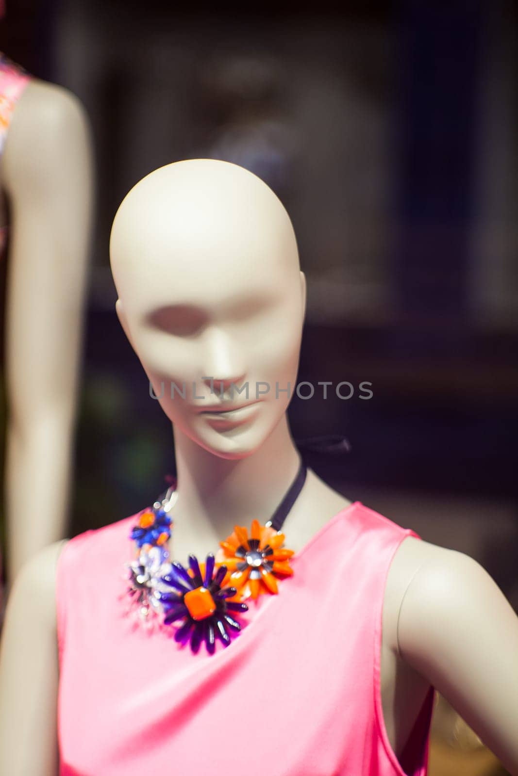 Female mannequinn with pink dress and floreal necklace