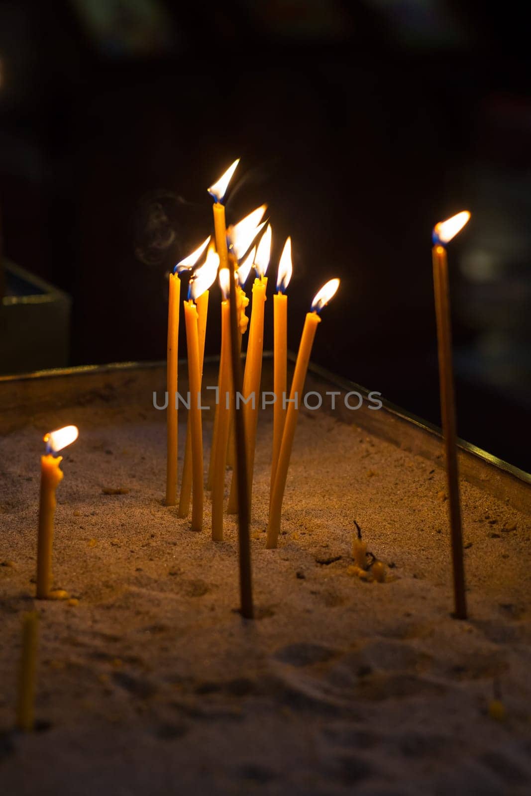 Close up of religion ceremony candles in church