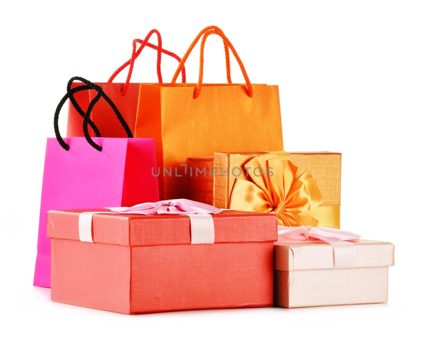 Gift boxes and colorful gift bags isolated on white background.