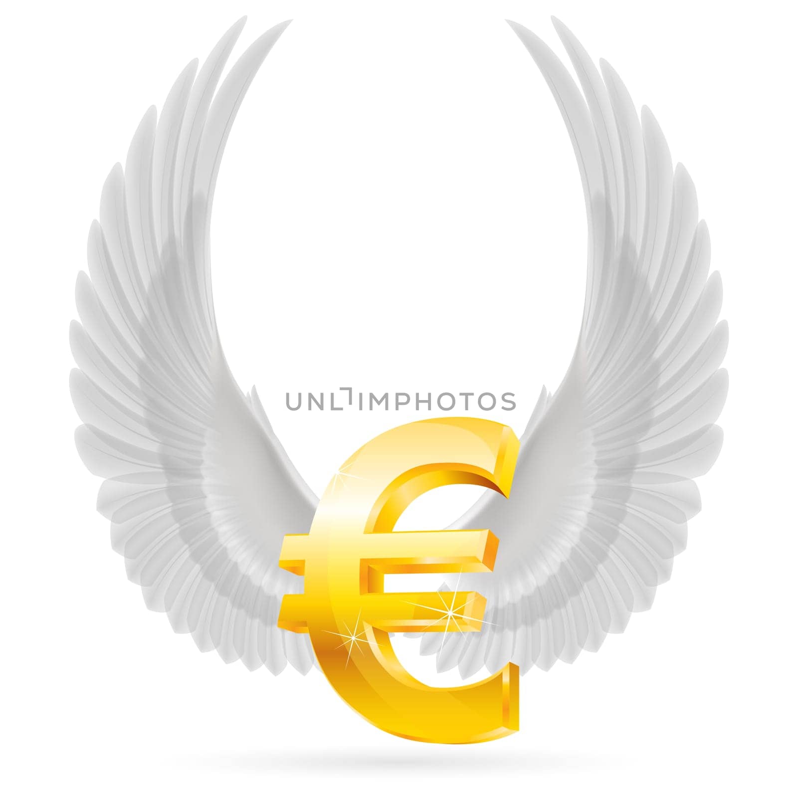 Golden euro symbol with raised up white wings