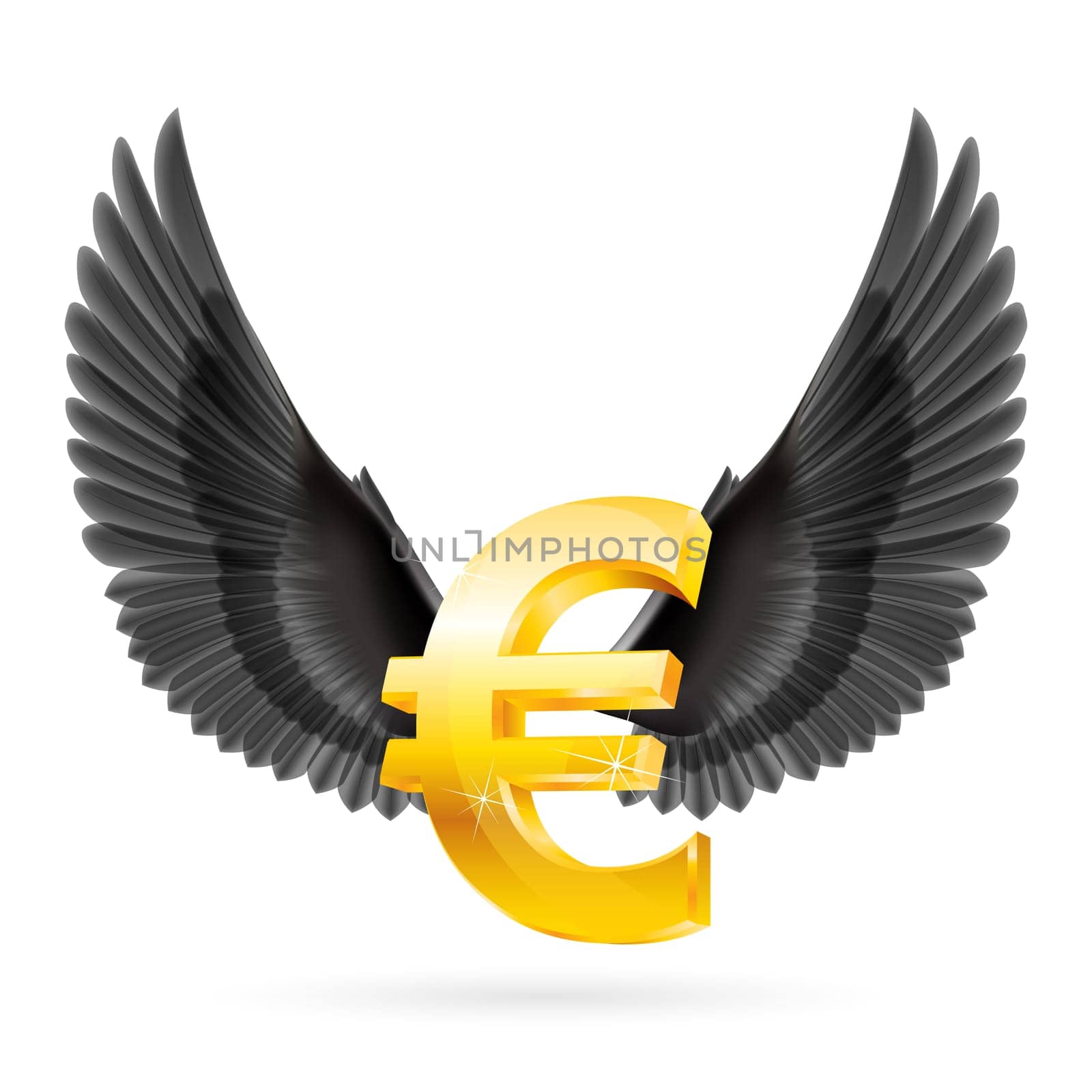 Shiny golden euro symbol with black wings