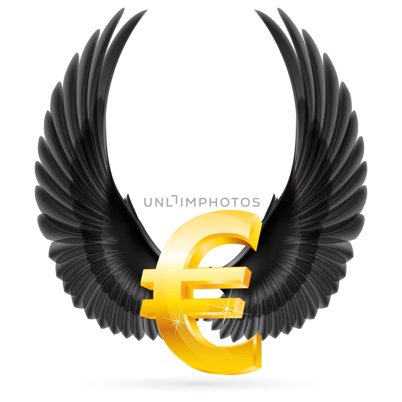 Golden euro symbol with black raised up wings