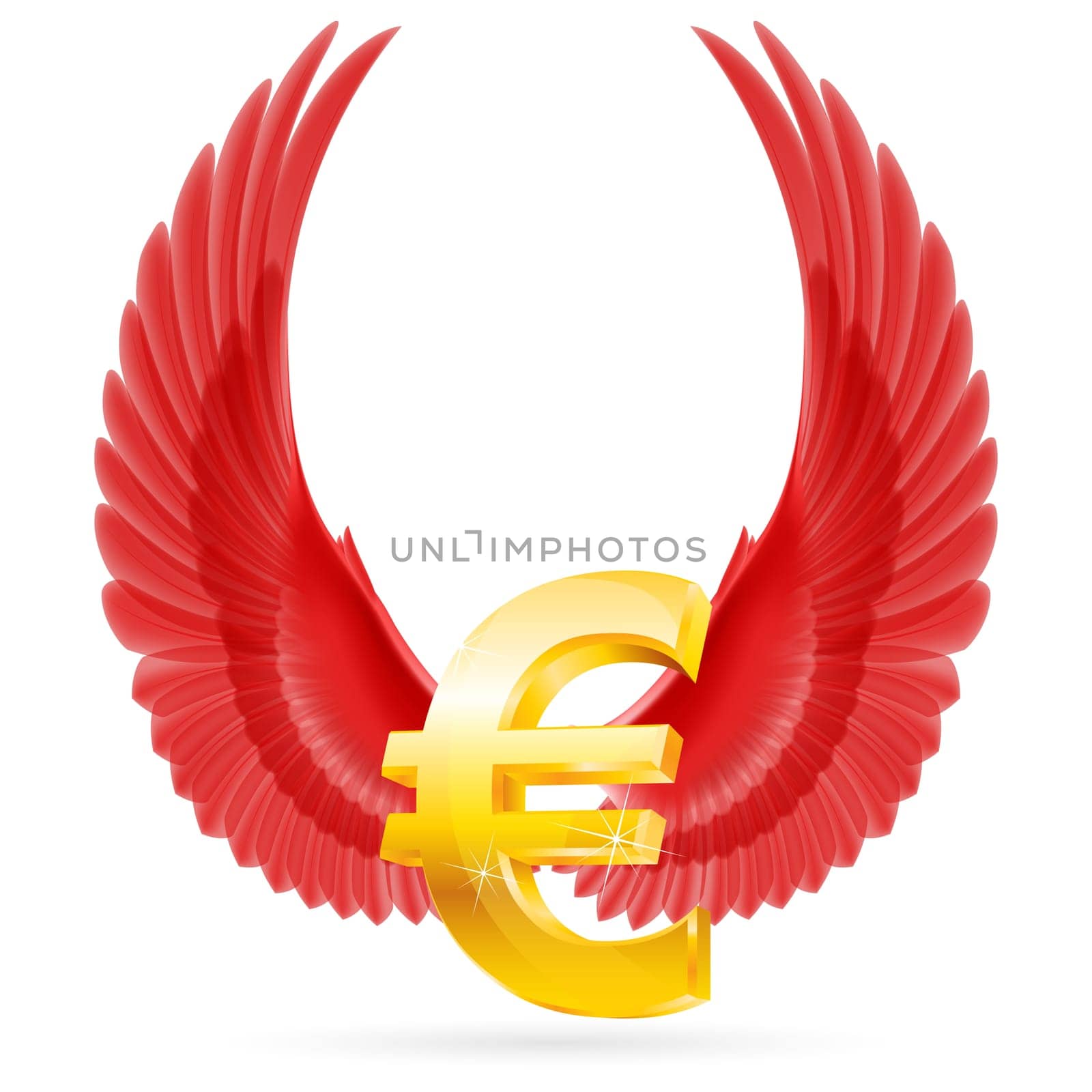 Golden euro symbol with red raised up wings