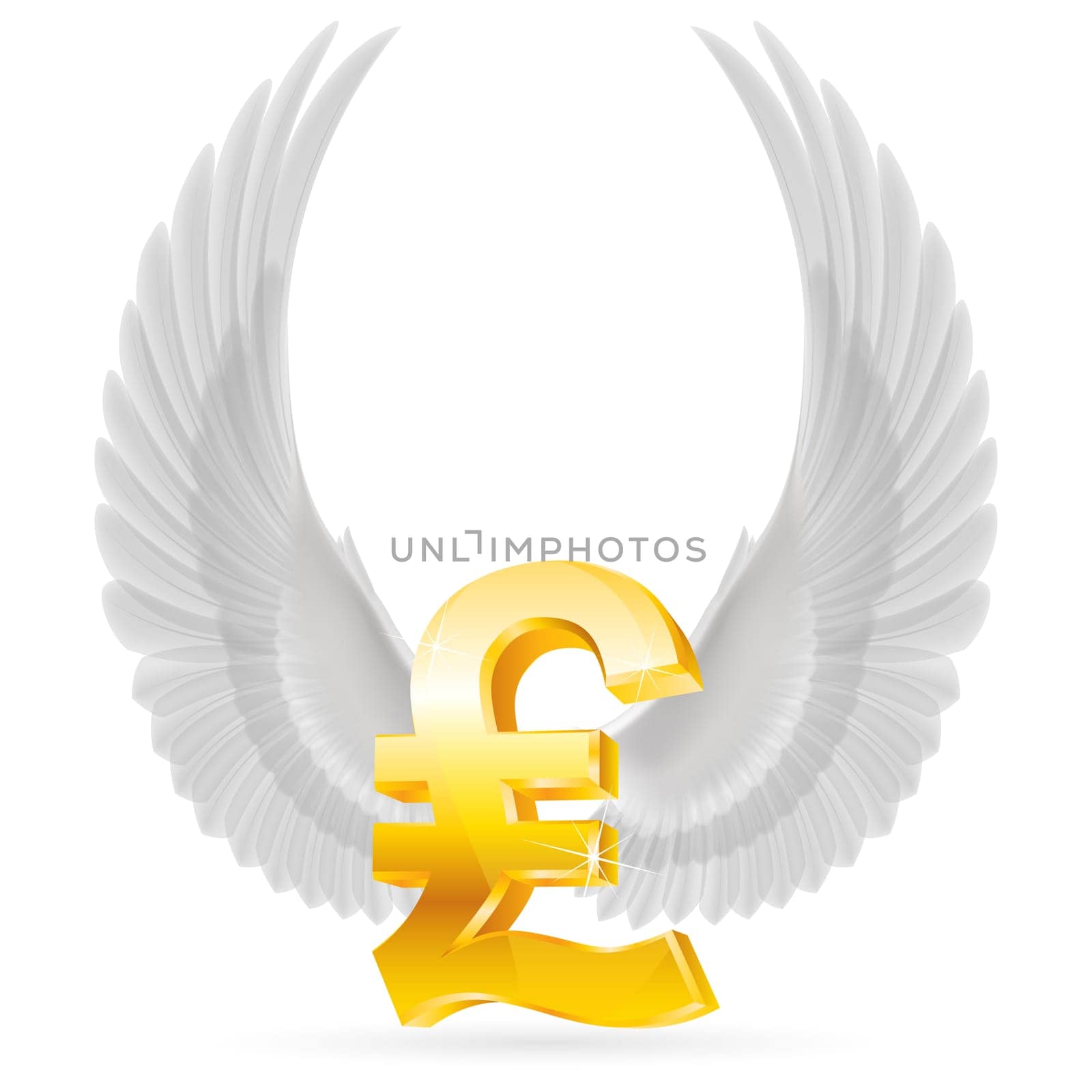 Golden Great Britain pound symbol with white raised up wings