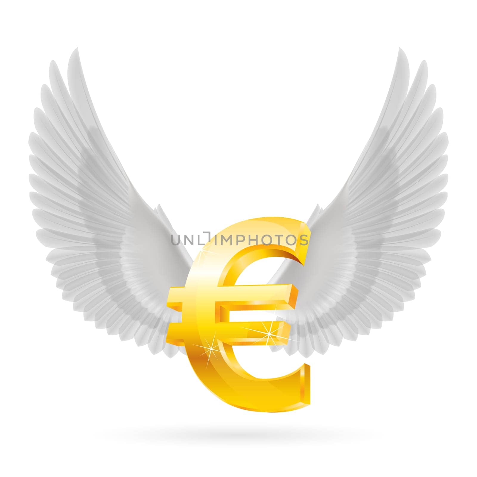 Shiny golden euro symbol with white wings