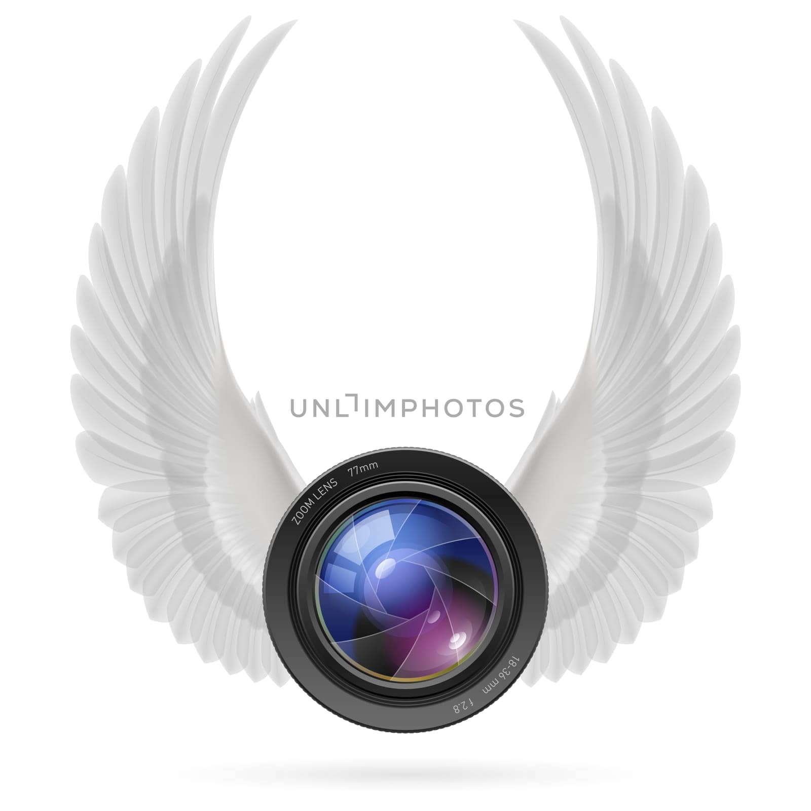 Photo camera lens with raised up white wings