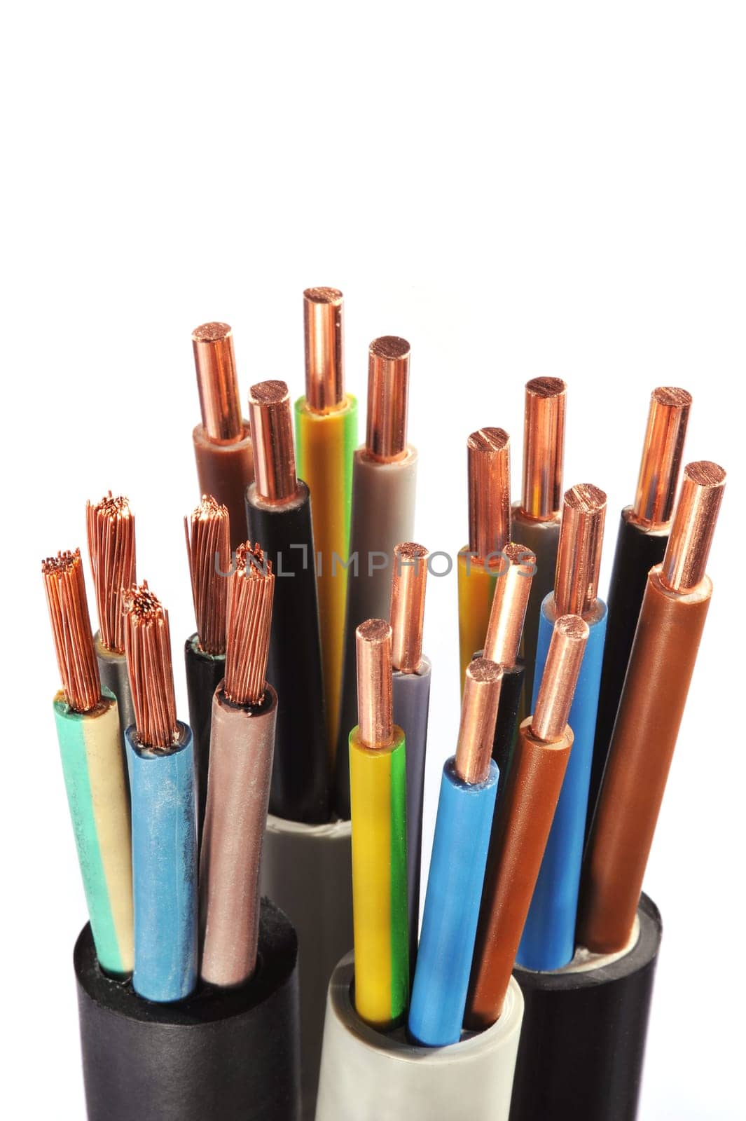 Macro detail of various stripped power cables
