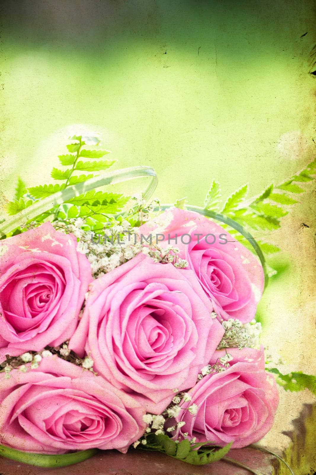 Vintage photo of wedding bouquet of pink roses