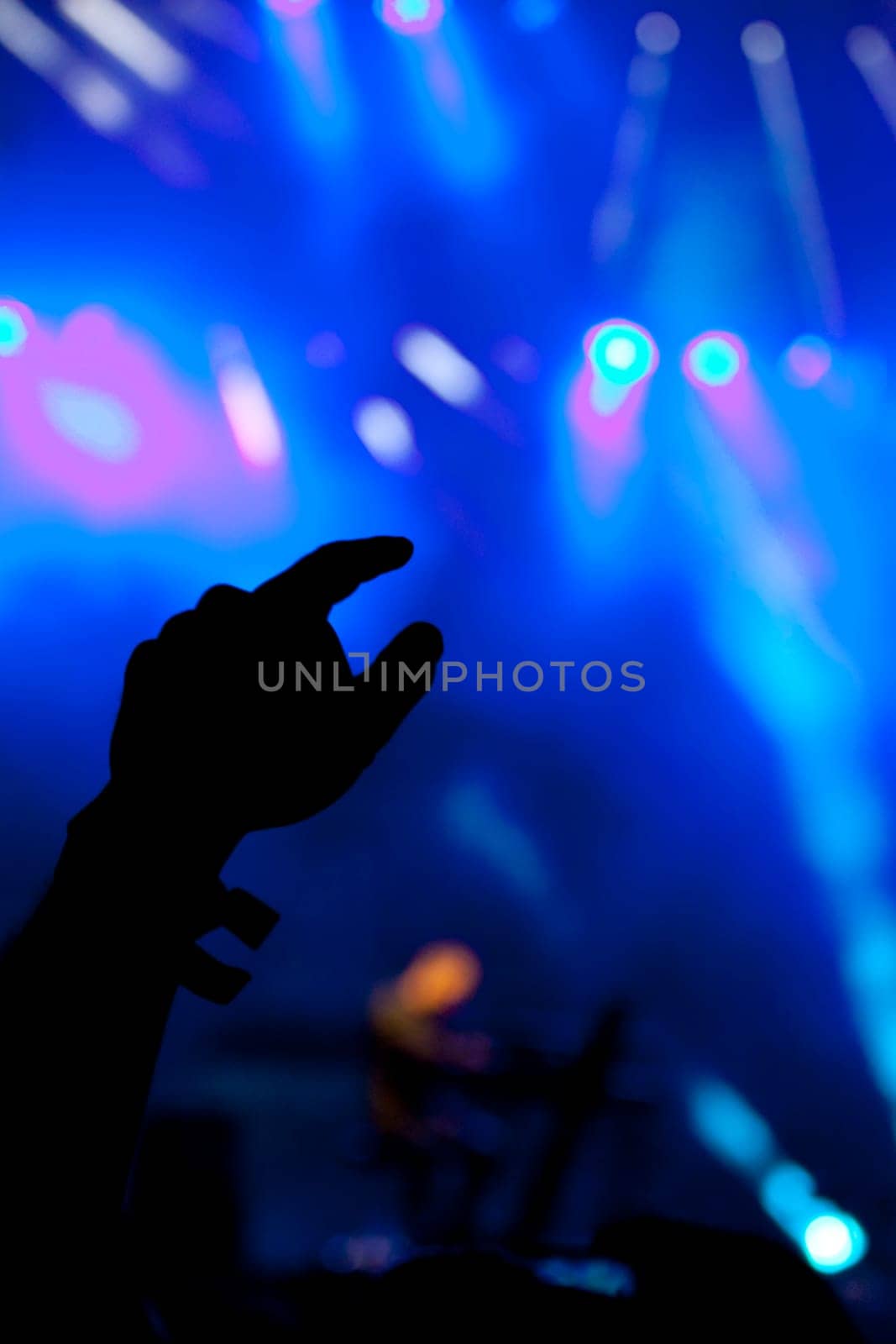 Cheering crowd in front of bright colorful stage lights