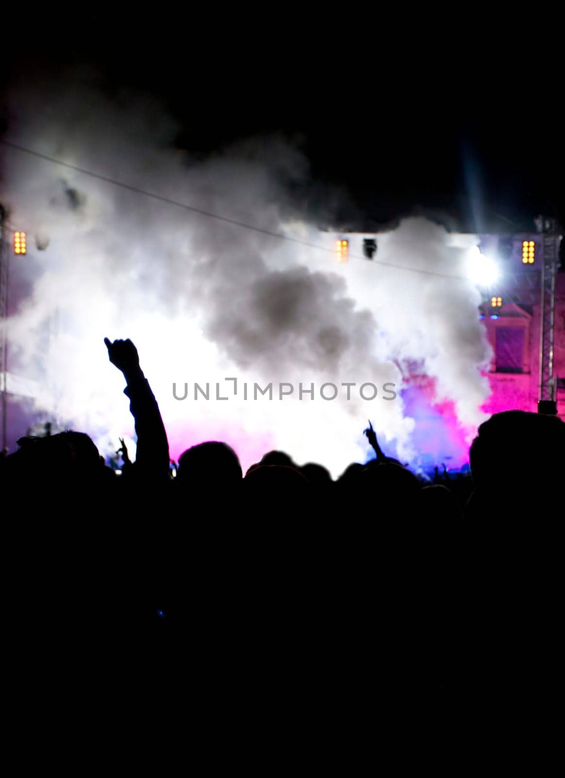 Cheering crowd in front of bright colorful stage lights