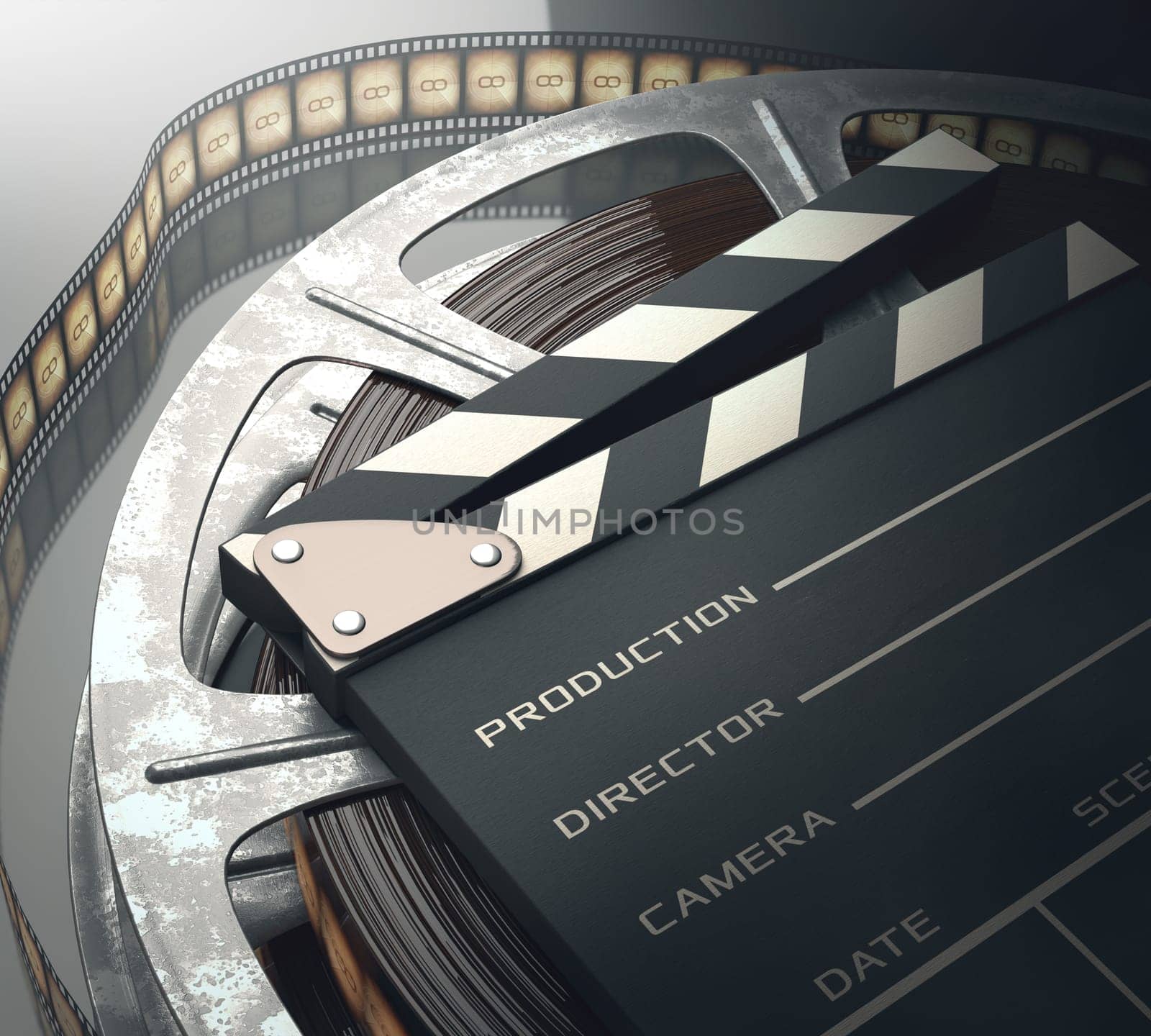 Clapperboard with rolls of film in the retro concept cinema.