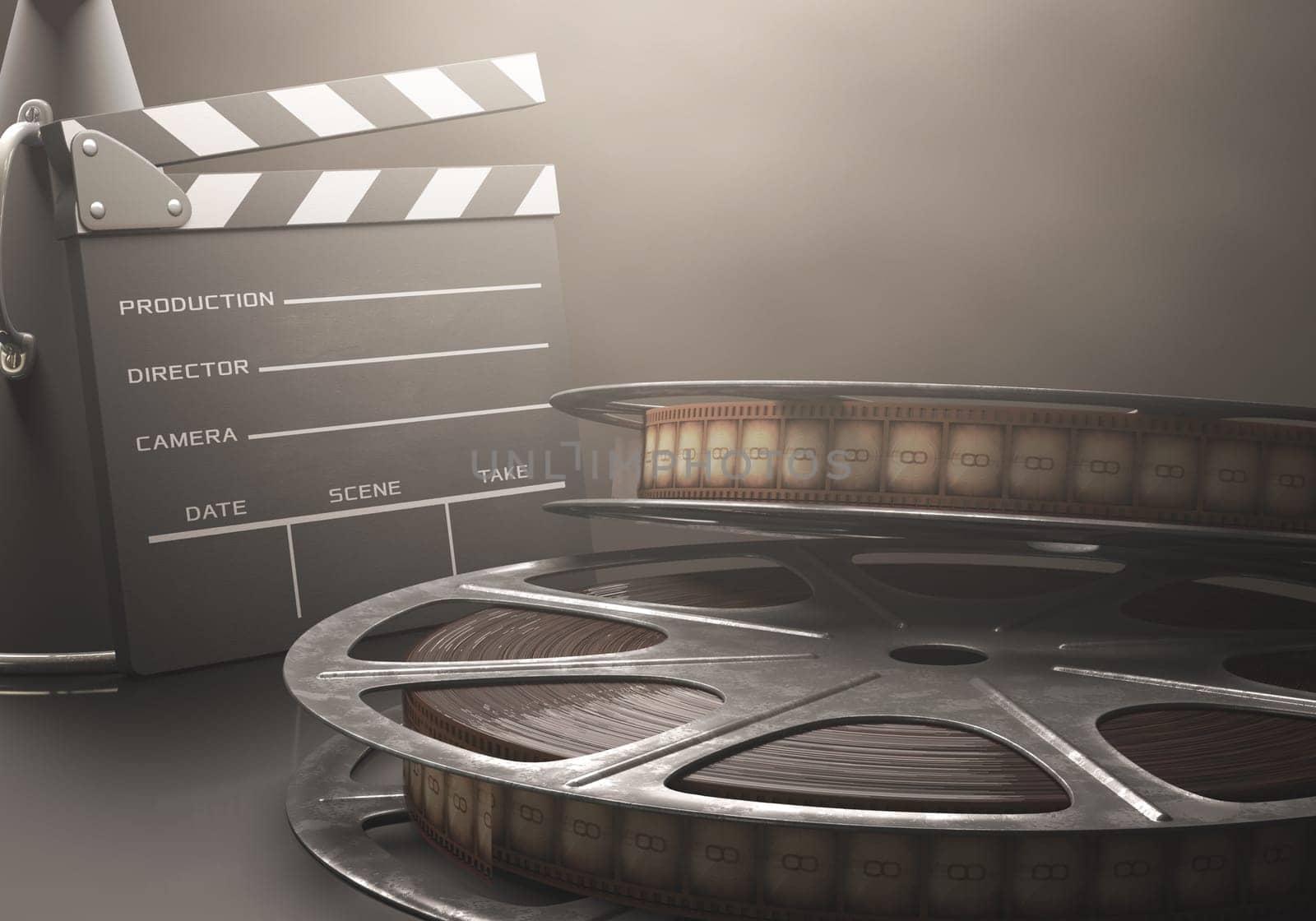 Clapperboard with rolls of film in the retro concept cinema.