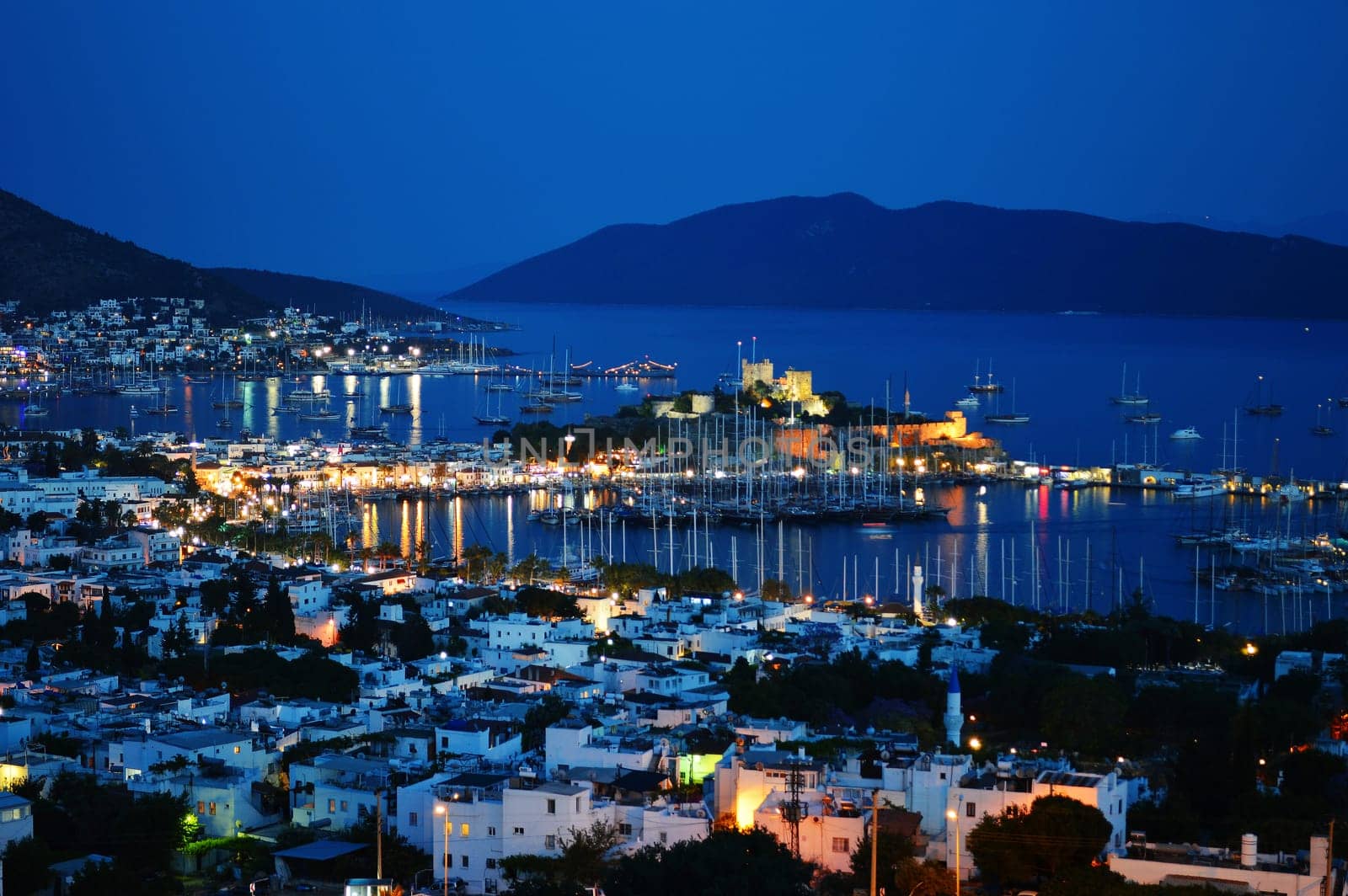 View of Bodrum harbor by night. Turkish Riviera.