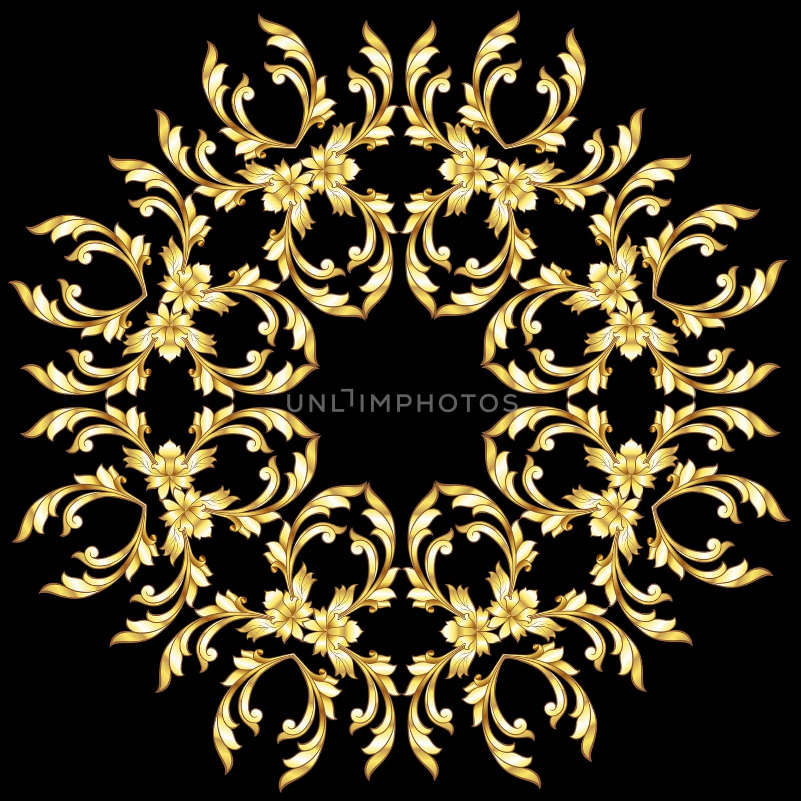 Golden ornate floral pattern on the black background