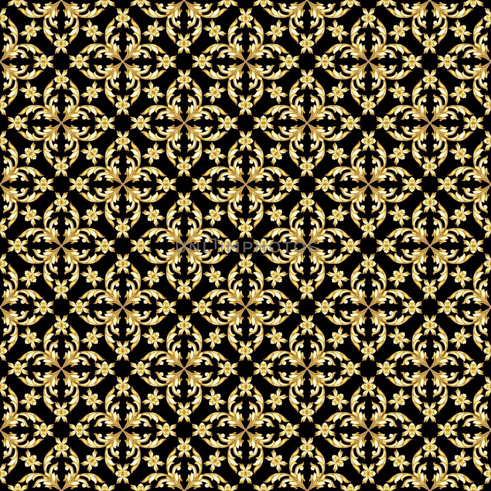 Seamless saturated gold floral pattern on black background