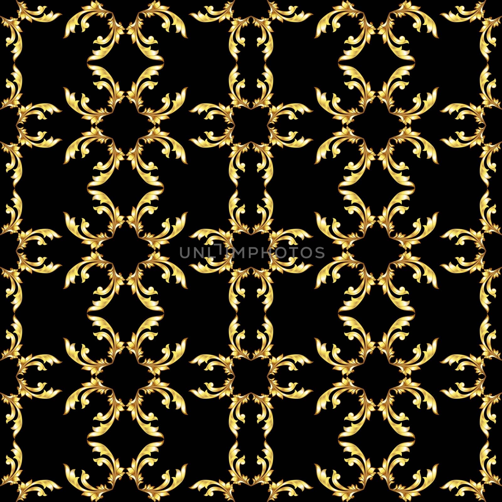 Square seamless golden floral pattern on black background
