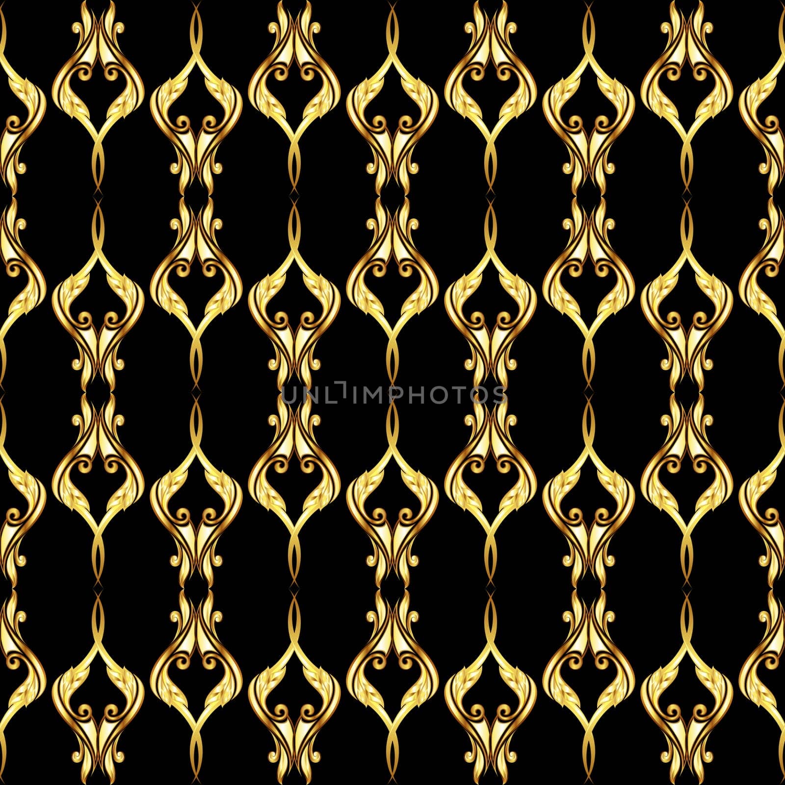 Vertical seamless golden floral pattern on black background