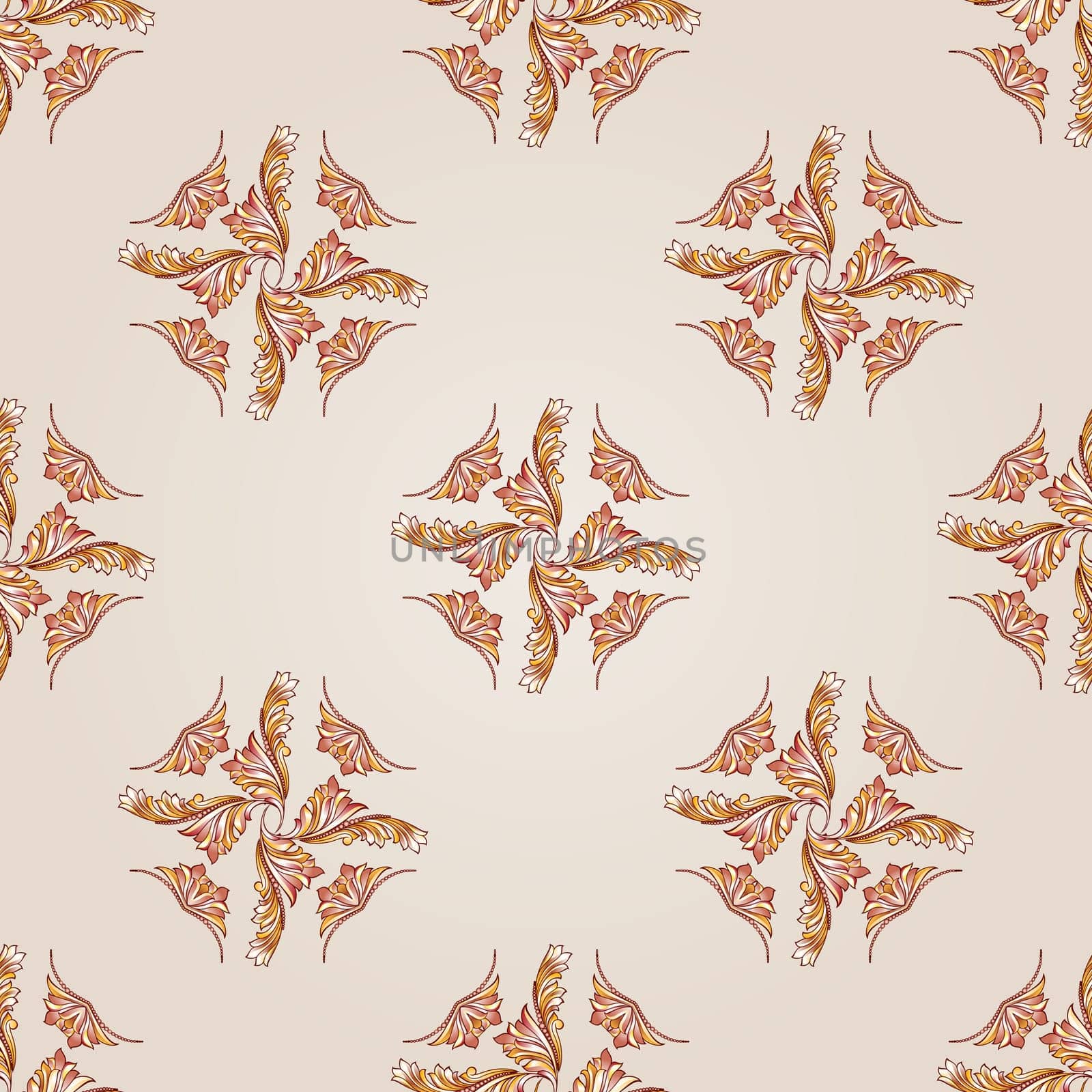 Seamless foliate pattern of brown henna on the beige background