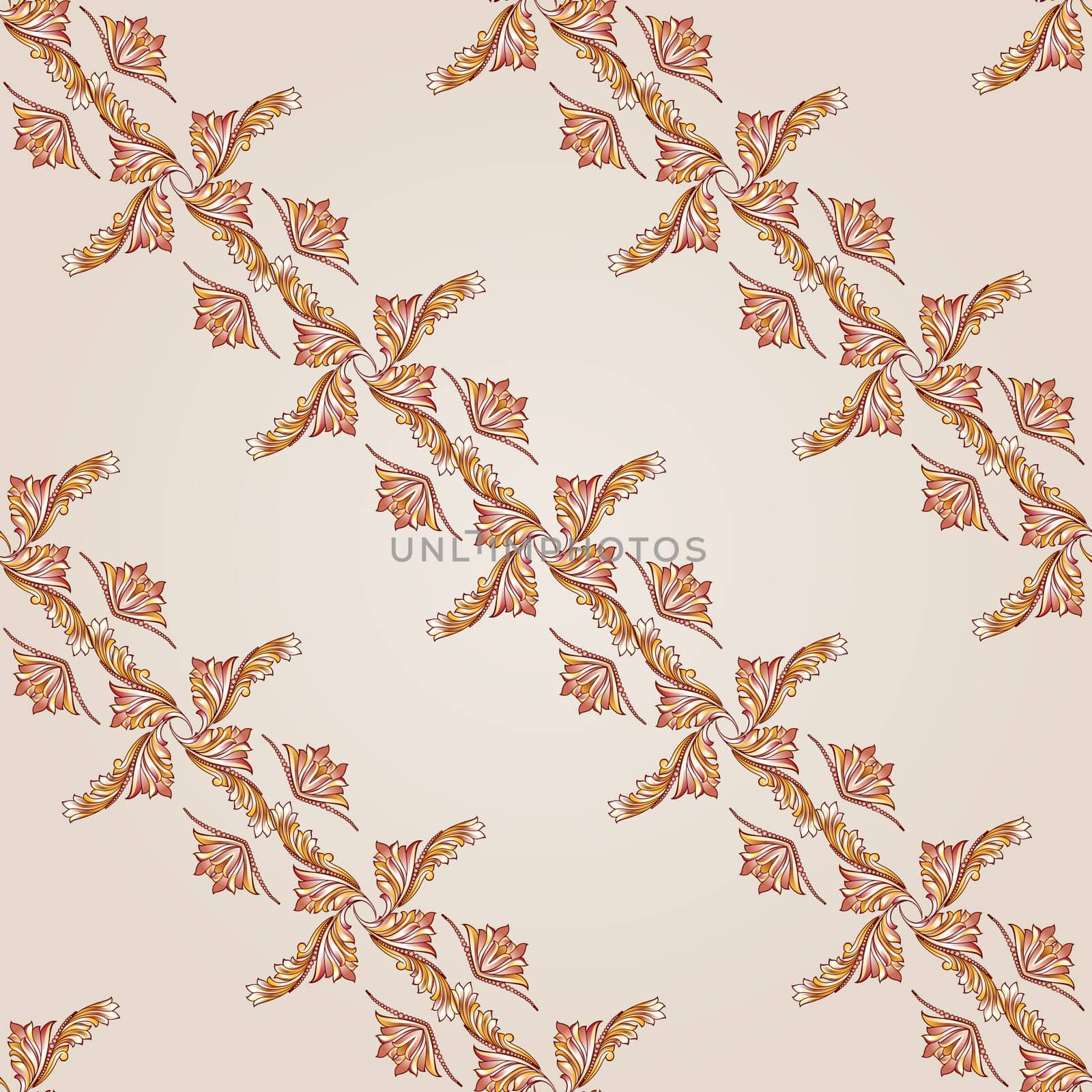 Seamless diagonal foliate pattern of brown henna on beige background