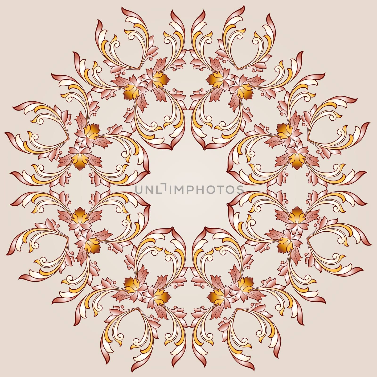 Flower round pattern  of brown henna on beige background