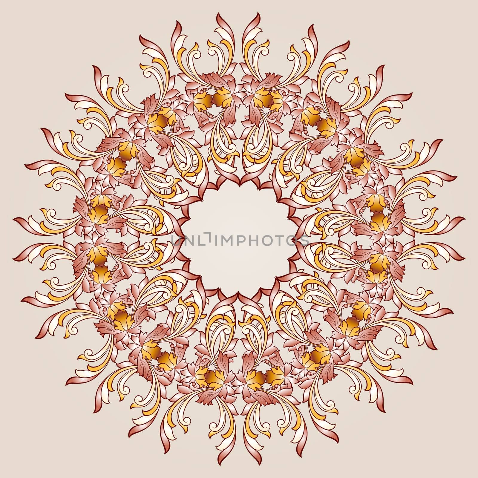 Round flower pattern  of brown henna on beige background