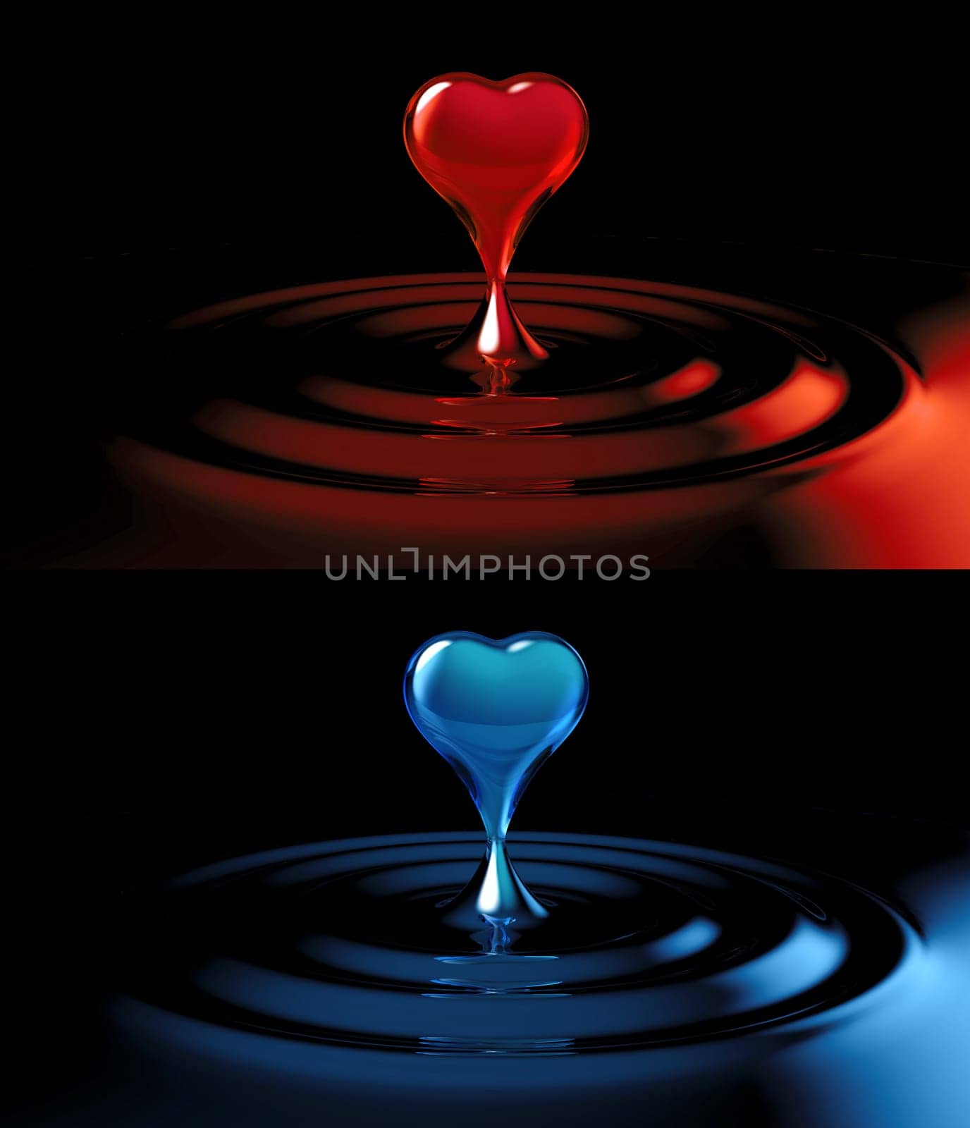 falling heart shaped water drop into the red water