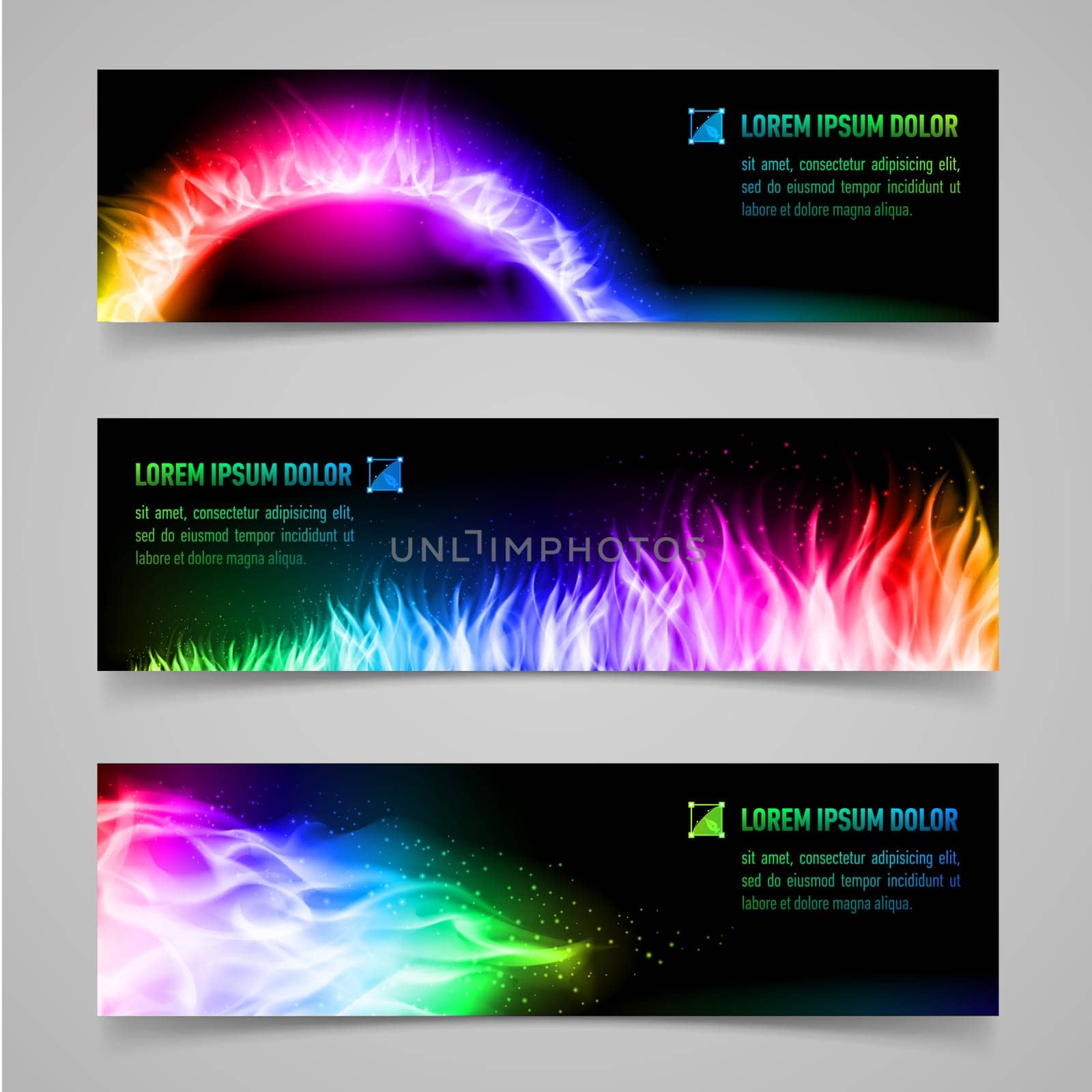 Set of mystic banners with multicolored flame