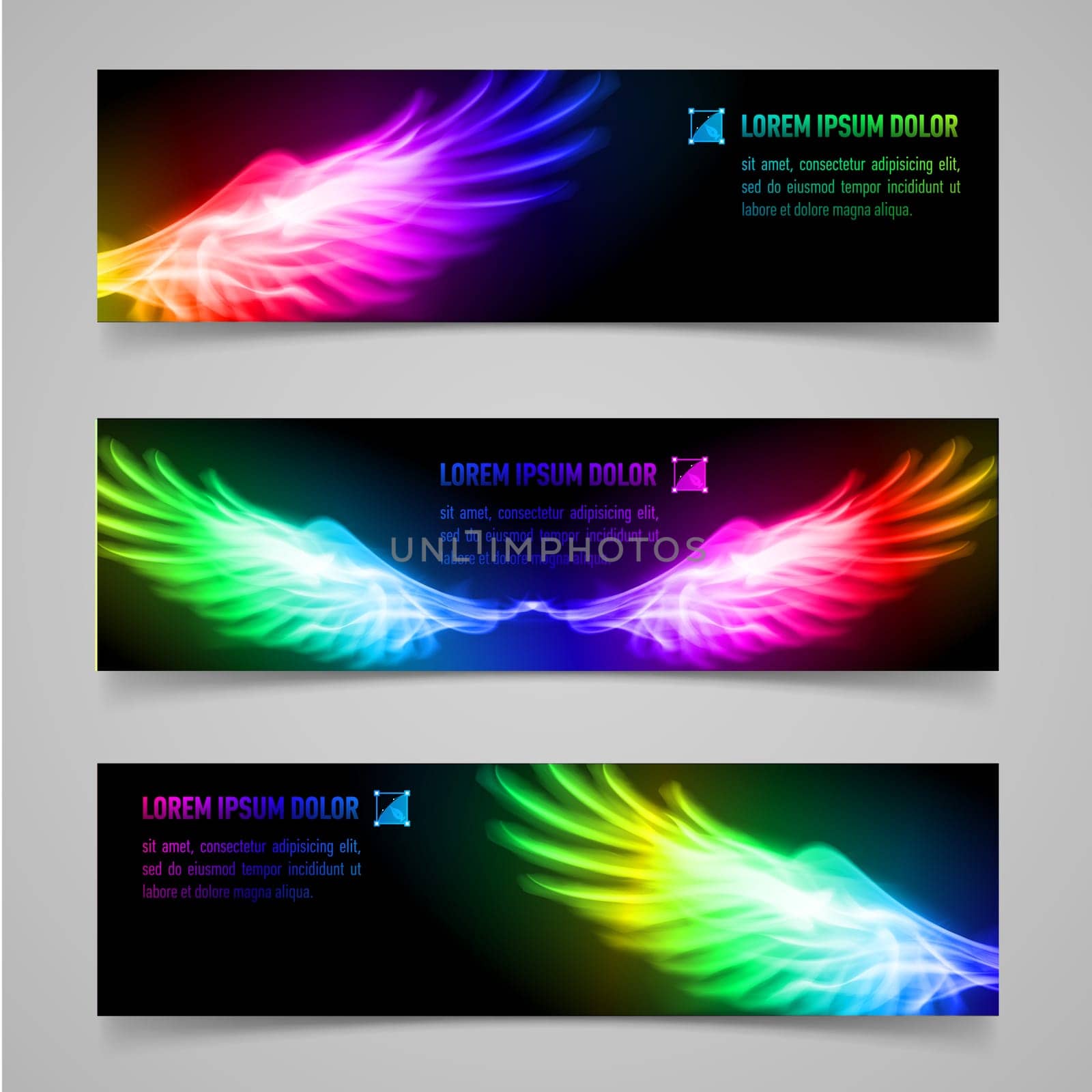 Set of banners with multicolored flaming wings