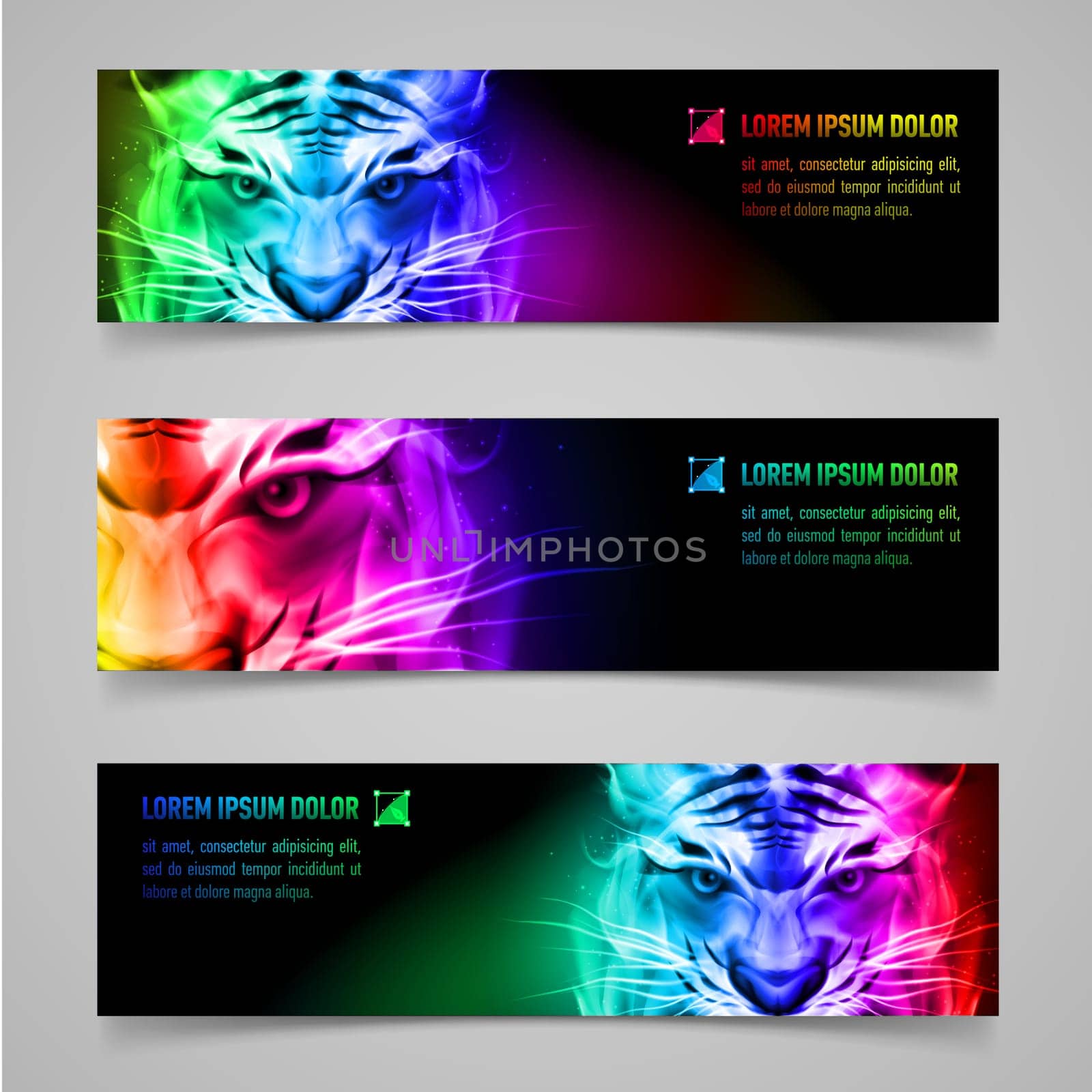 Set of banners with mystic tiger in multicolored flame