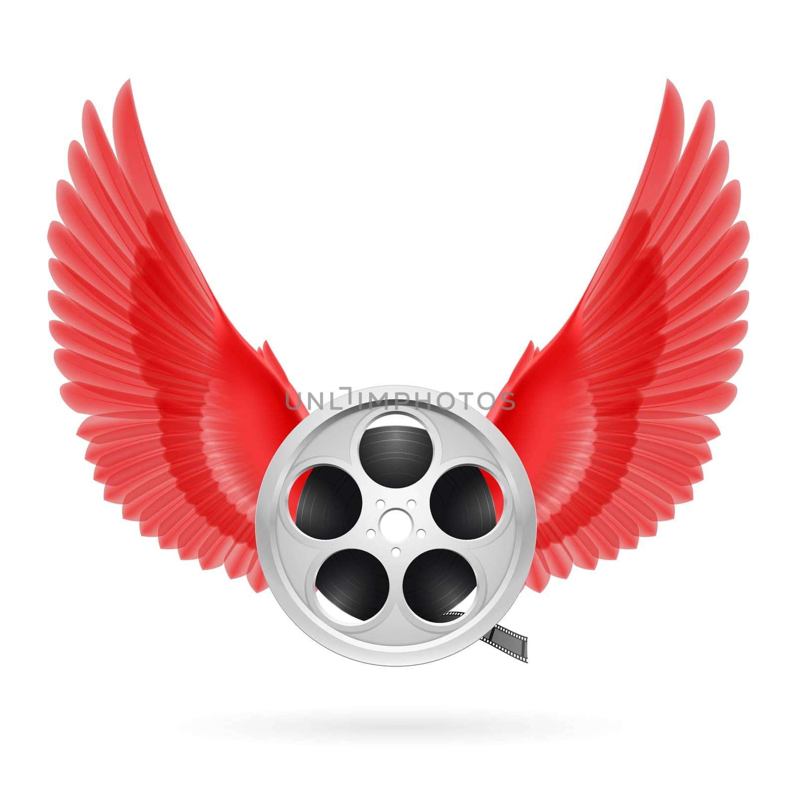 Realistic film reel with red wings emblem