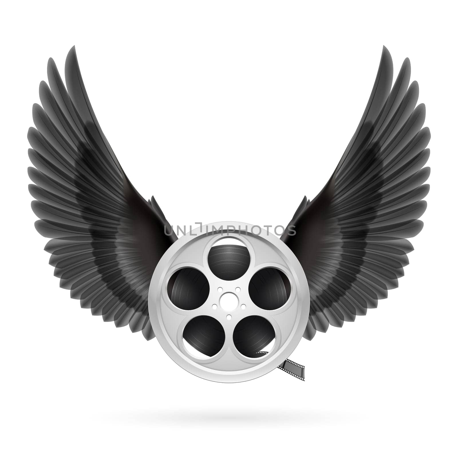 Realistic film reel with black wings emblem