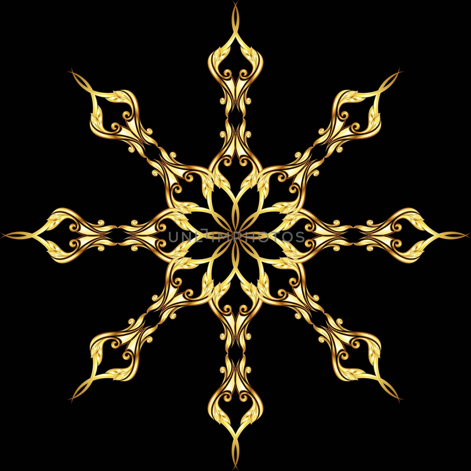 Gold ornate floral pattern on black background