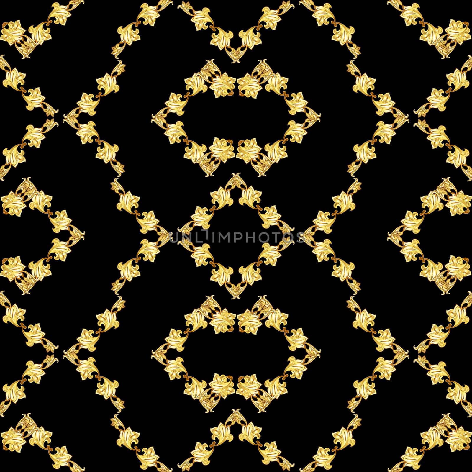 Seamless golden floral patterns on black background